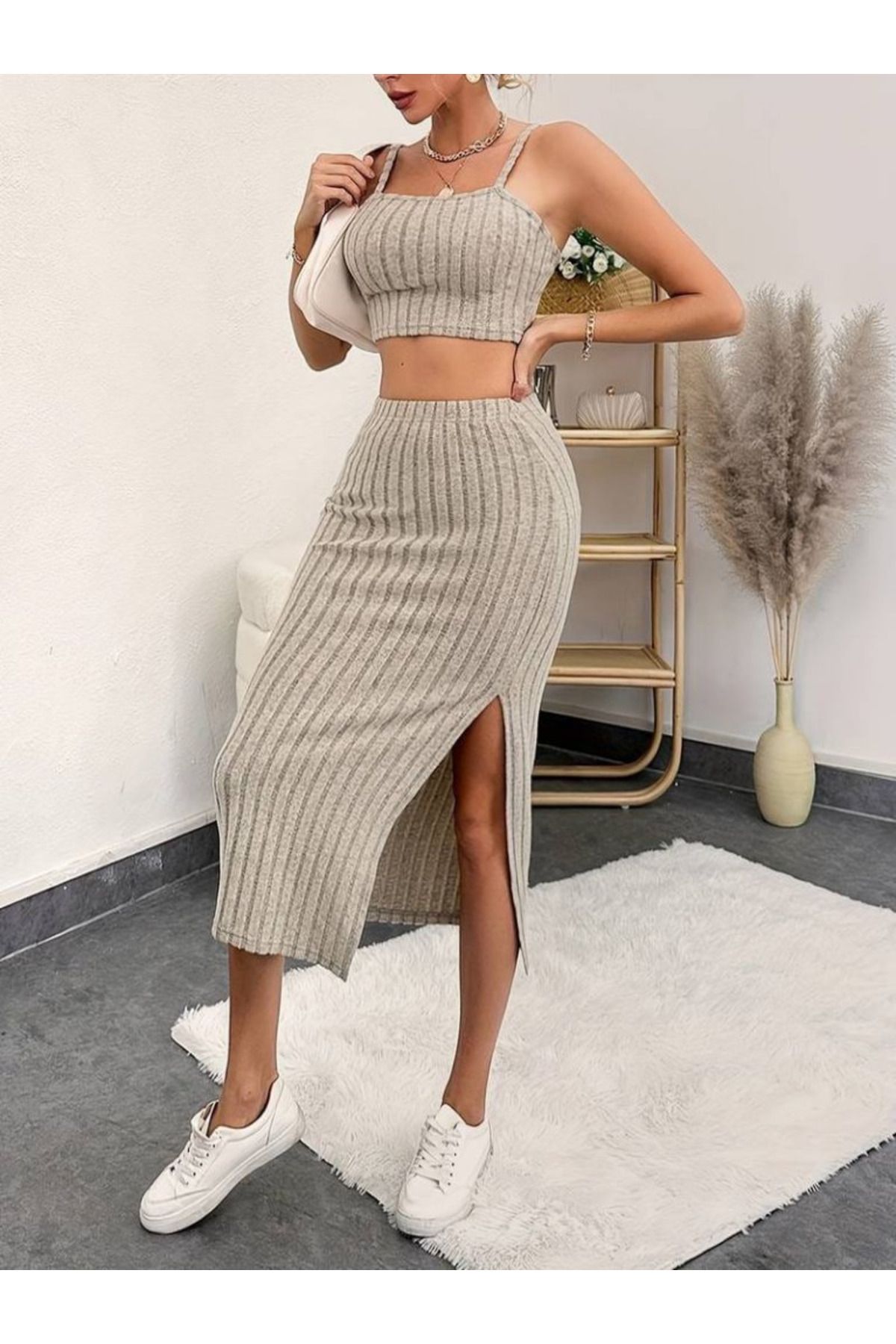 DÖPİYES Kadın Bej Fitilli Crop Etek İkili Takım