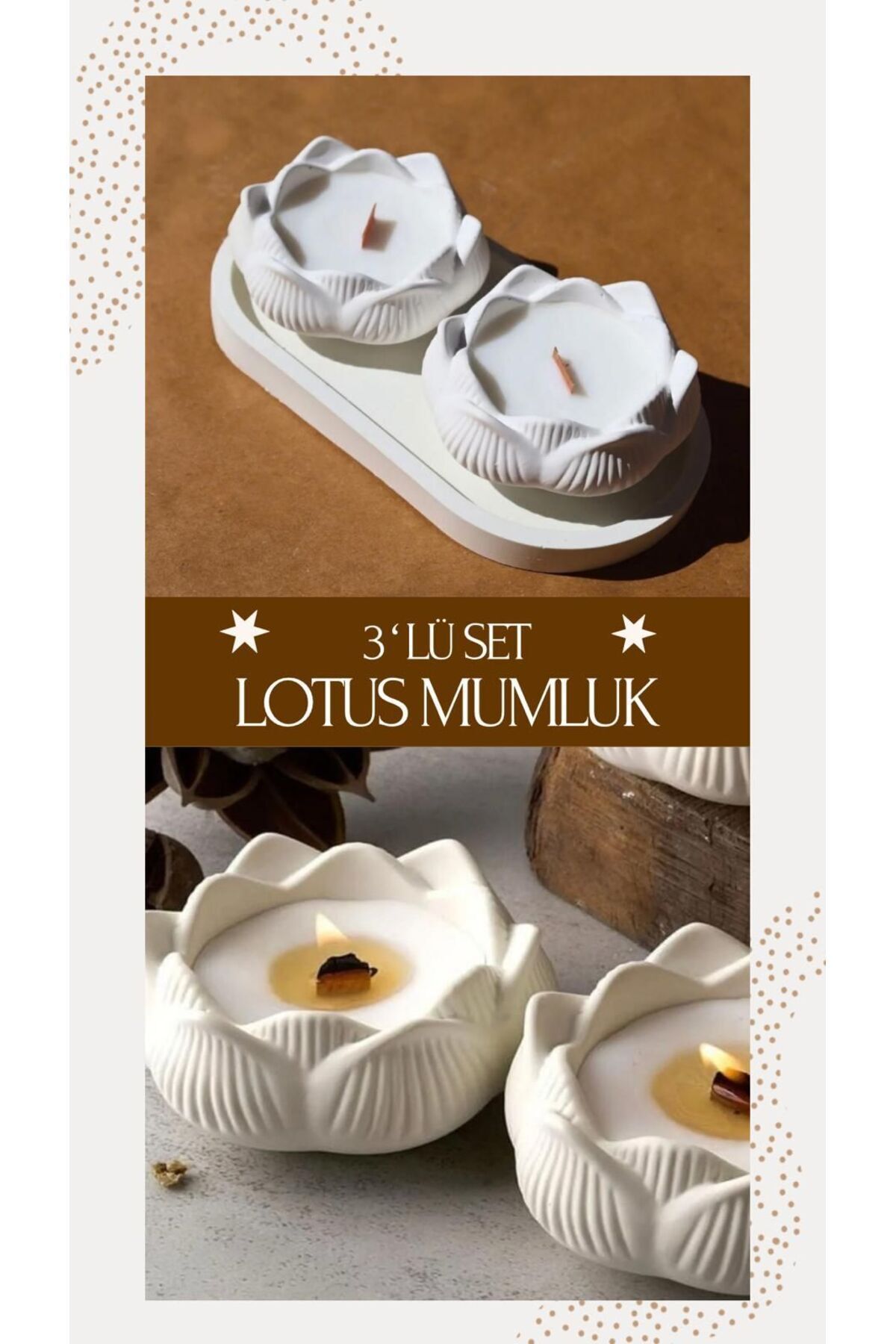 DEKORANLA Beyaz Lotus Mumluk Seti, Şık ve Sade Dekoratif Aksesuar