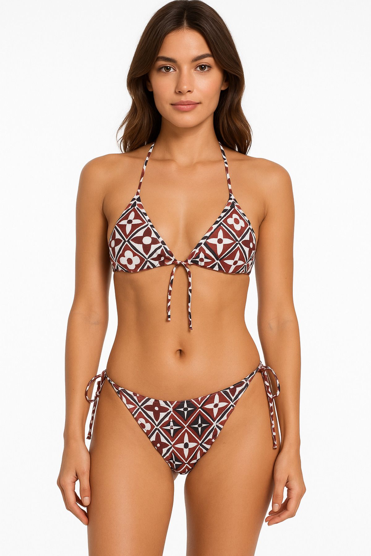 blissveil Mavi Beyaz Geometrik Desenli Üçgen Bikini Takımı