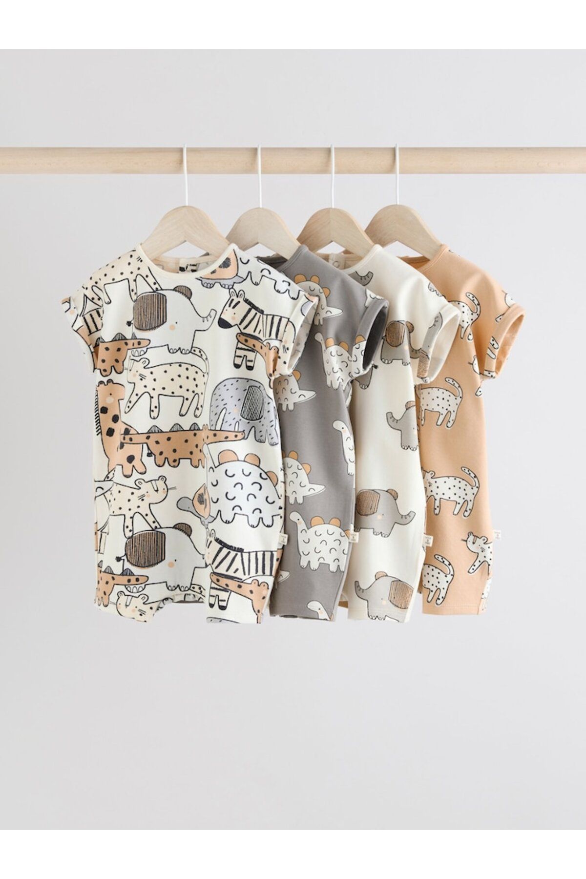 Next Baby %100 Pamuklu Krem Kahve Hayvan Desenli 3'lü Romper Set