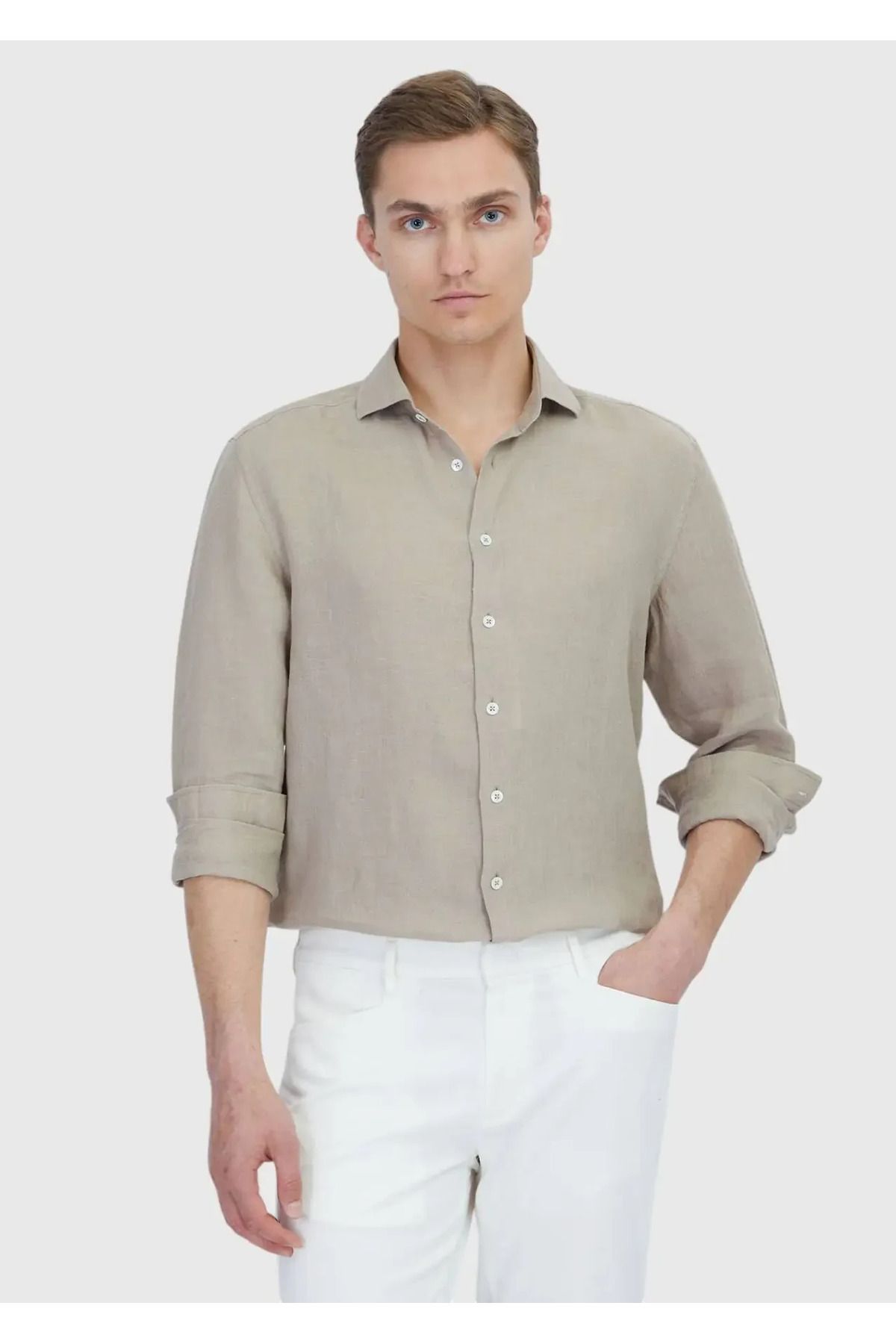 Ramsey Vizon Düz Casual Fit Dokuma Casual %100 Keten Gömlek
