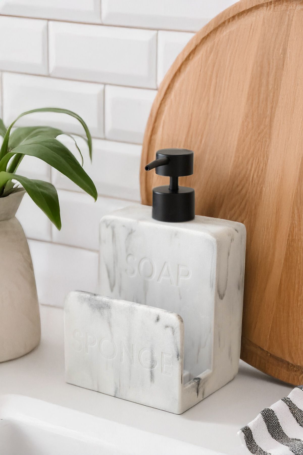NESS HOME Banyo Mutfak Tezgah Üstü Sıvı Sabunluk - Süngerlik Bölmeli Cam Sabunluk