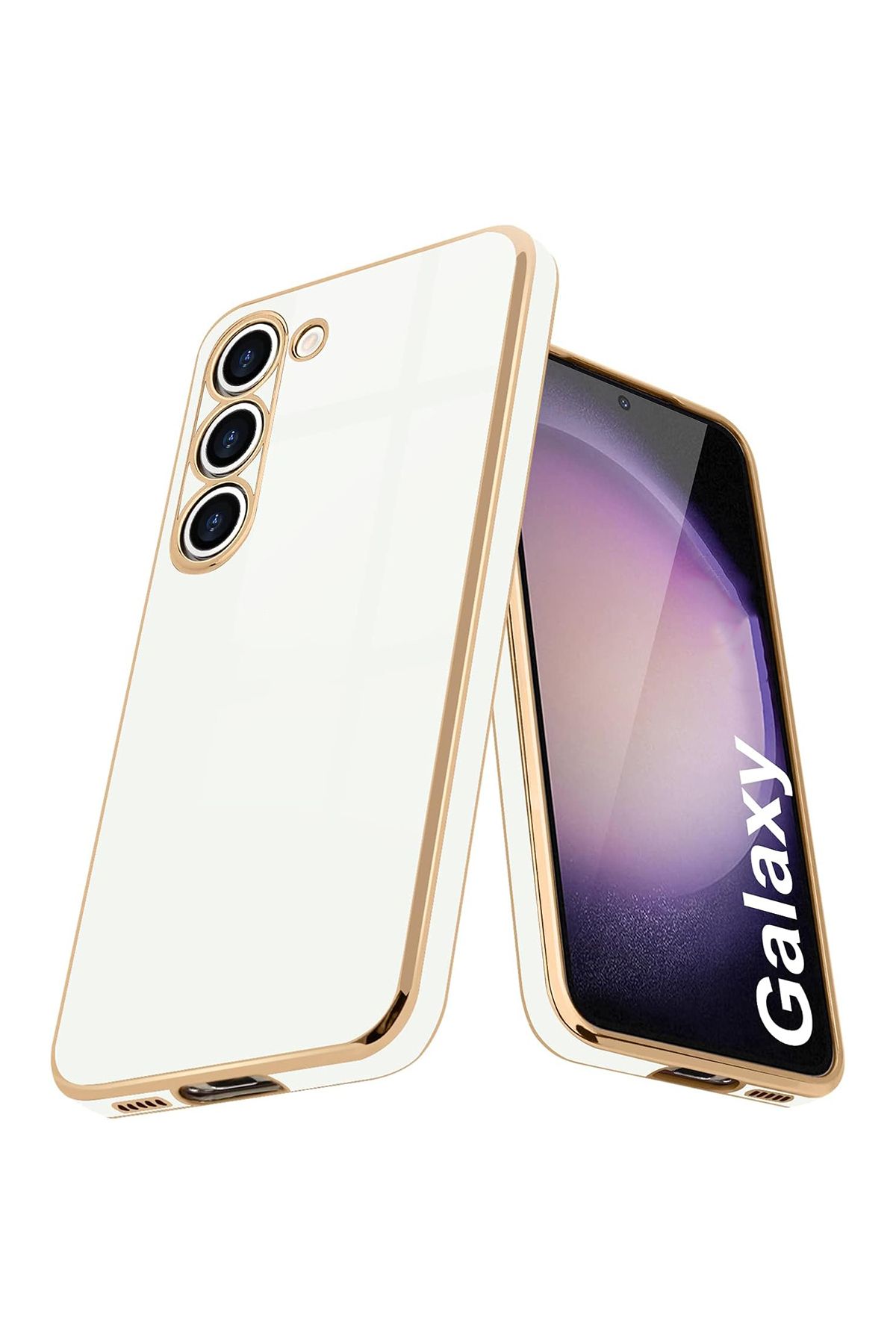 Merwish Galaxy S24 Uyumlu Lazer Kesim Gold Çerçeve Beyaz Kapak Kılıf