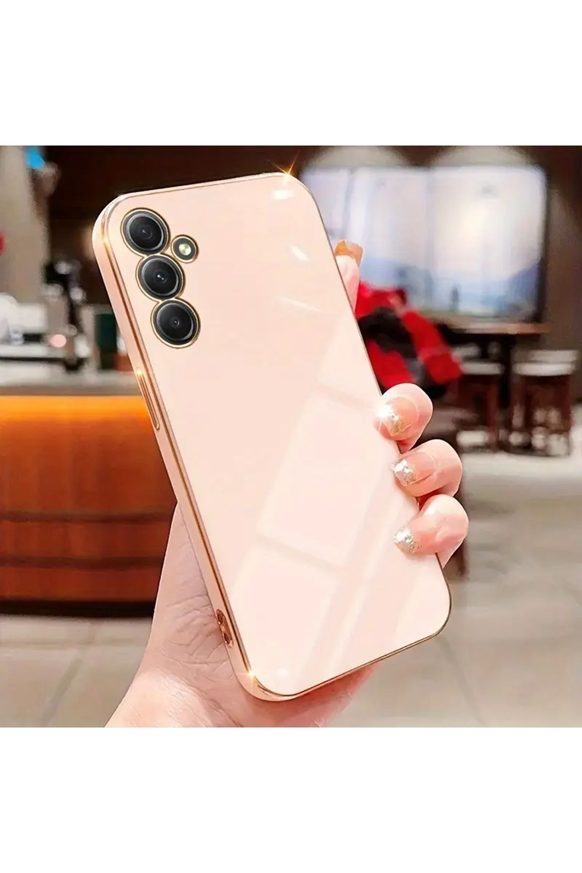 Merwish Galaxy A35 Uyumlu Lazer Kesim Gold Çerçeve Pembe Kapak Kılıf