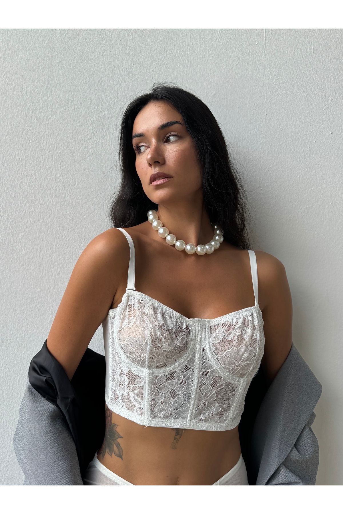 MİDİLİNA Beyaz 2li̇ Crop Dantel Takim