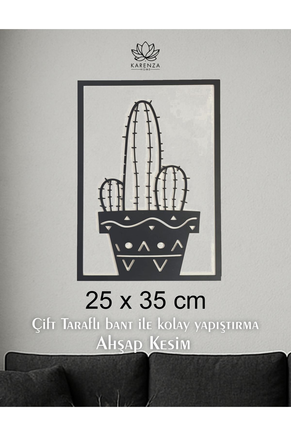 Karenza Home Kaktüs Figürlü Siyah Ahşap Duvar Dekoru - Modern Tasarım Hediyelik Dekoratif Duvar Süsü 25x35cm