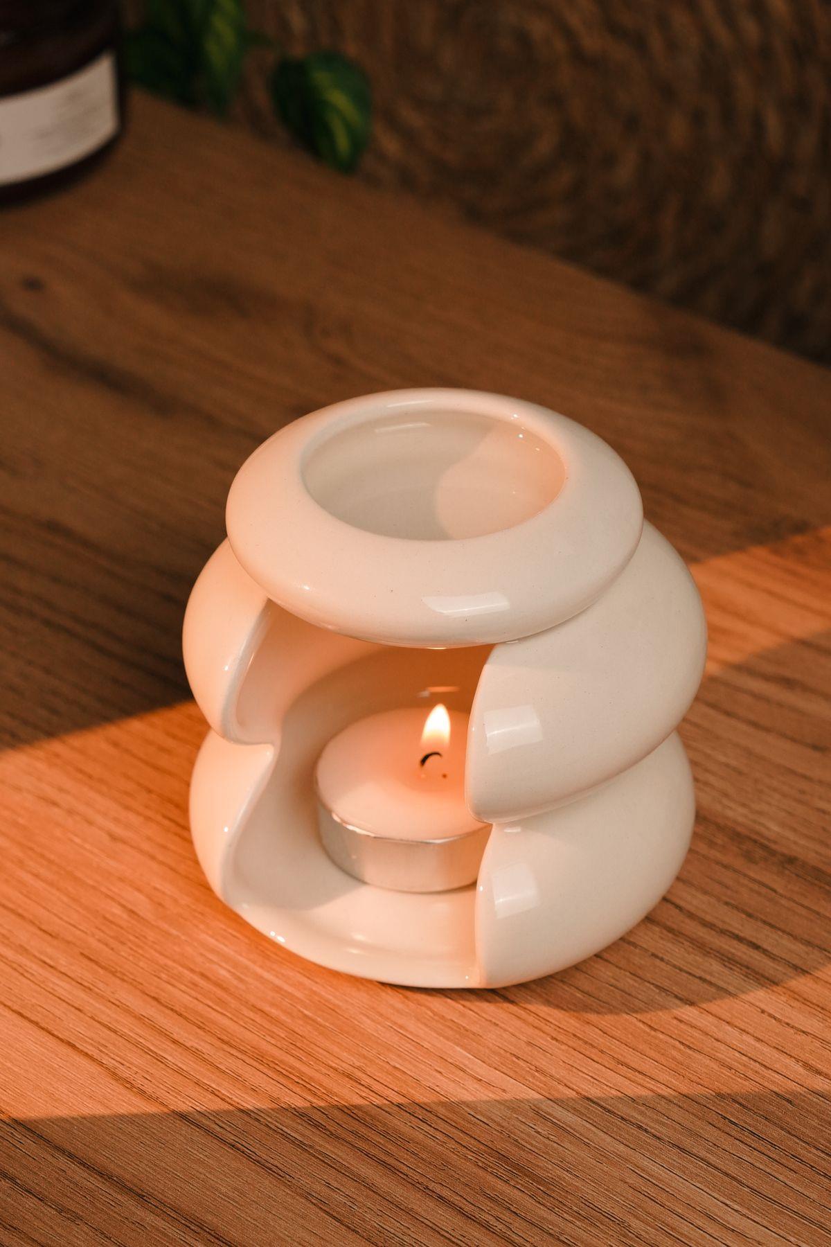 White Modern Design Ceramic Handmade Incense Holder | Candle Holder | Decorative (WITH 1 TEALIGHT CANDLE)
