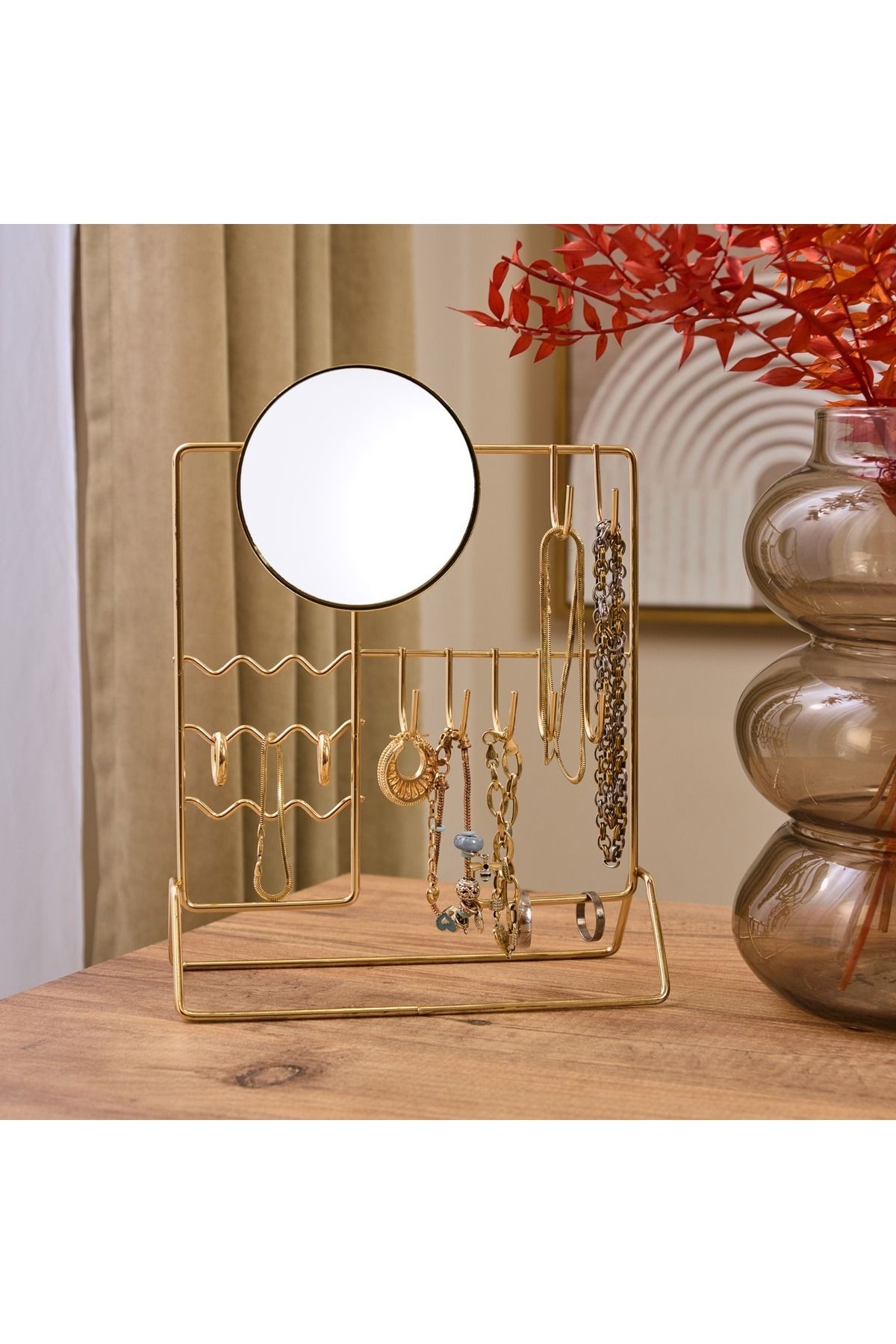 teknotrust Sarı Metal Aynalı Takı Askısı, 19,5x27x10 cm, şık ve kullanışlı düzenleyici