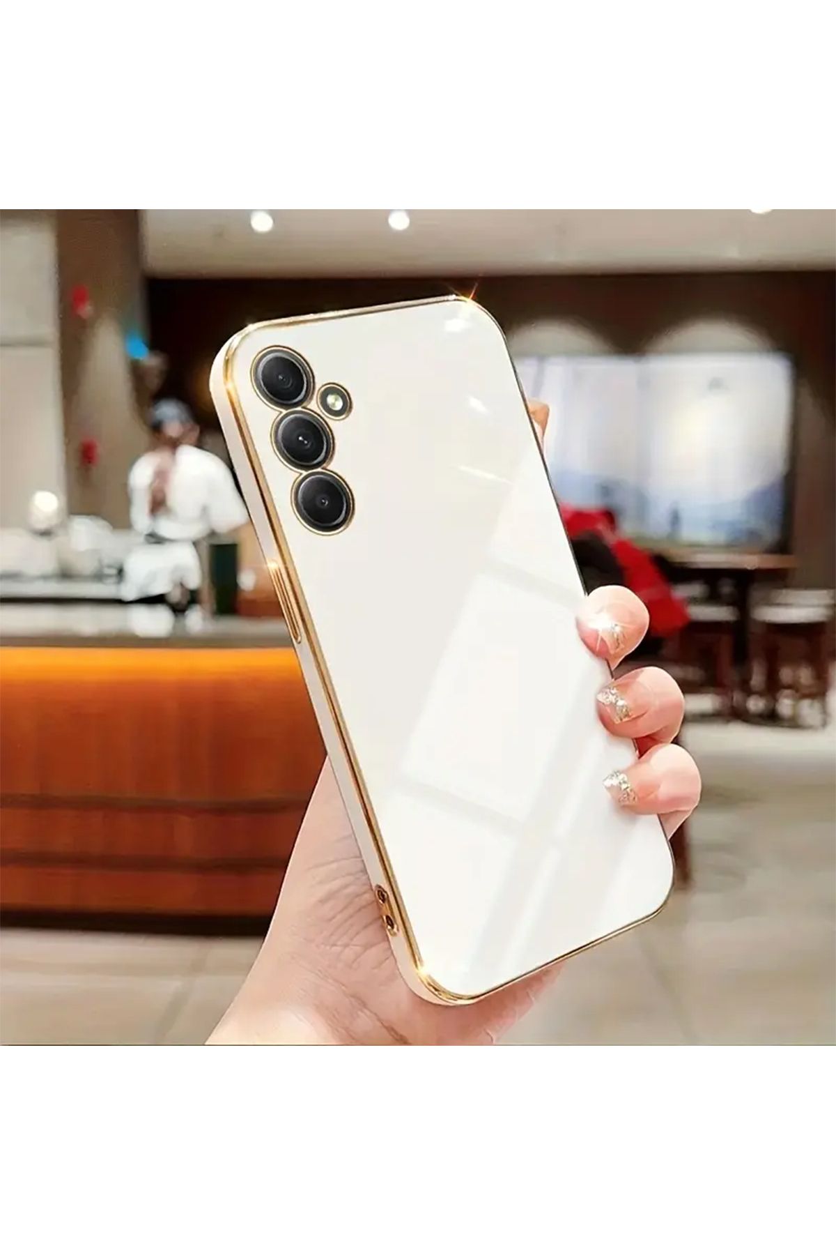 Merwish Galaxy A35 Uyumlu Lazer Kesim Gold Çerçeve Beyaz Kapak Kılıf