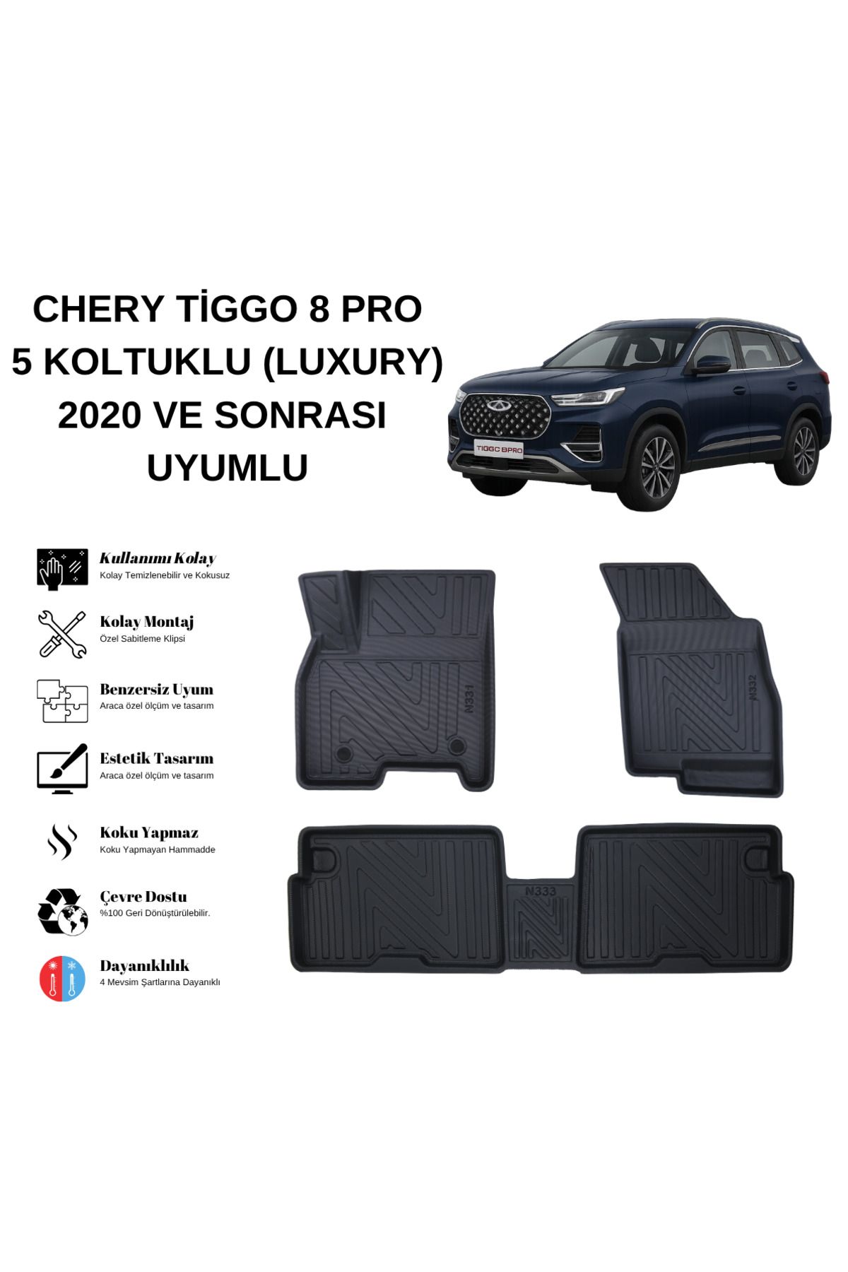 AutoWeller Chery Tiggo 8 Pro 2020 ve Sonrası 5 Koltuklu 3D Havuzlu Oto Paspas | Luxury