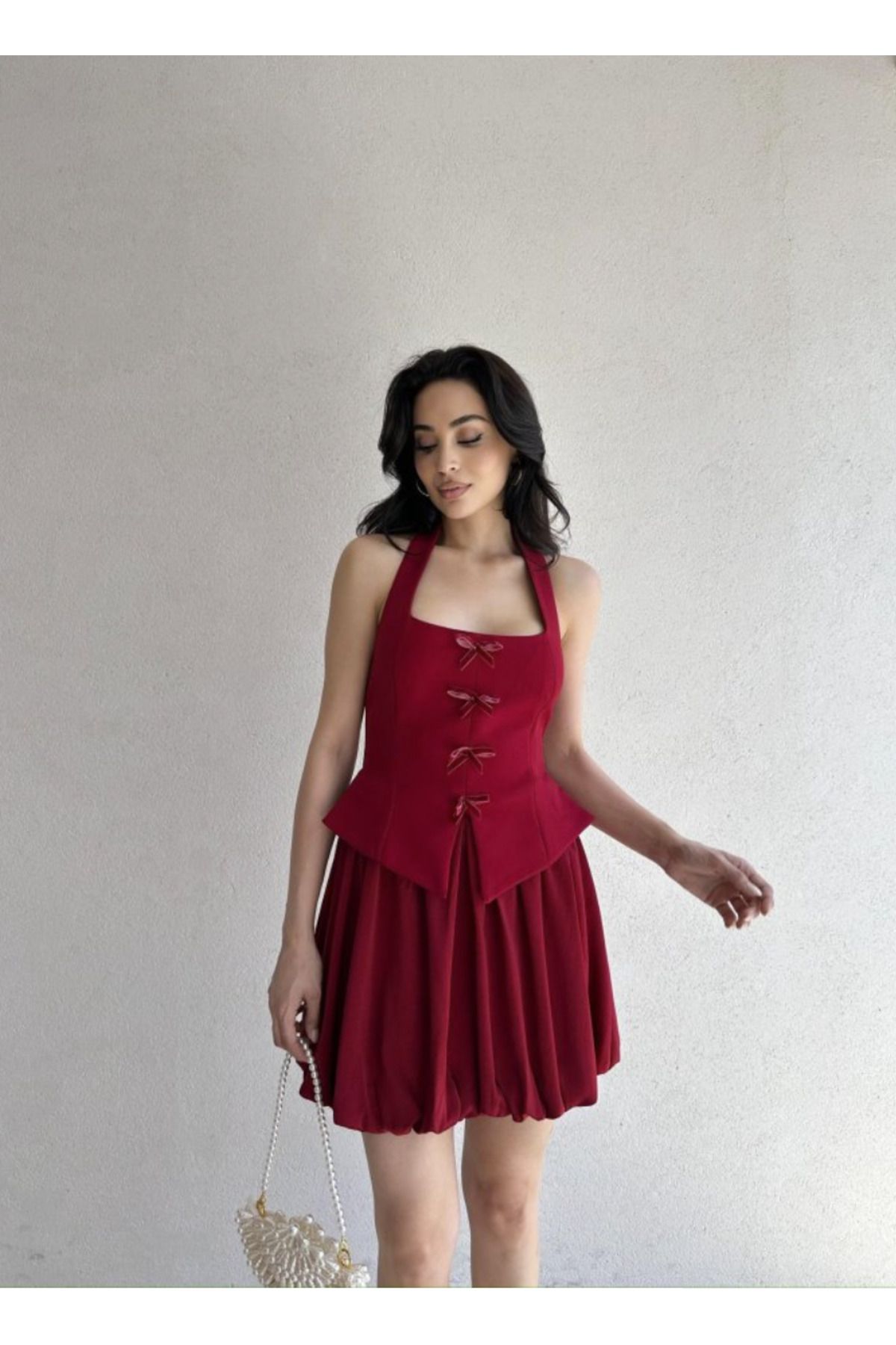 MODA Bordo Fiyonklu Korsaj Detaylı Balon Etek Mini Elbise