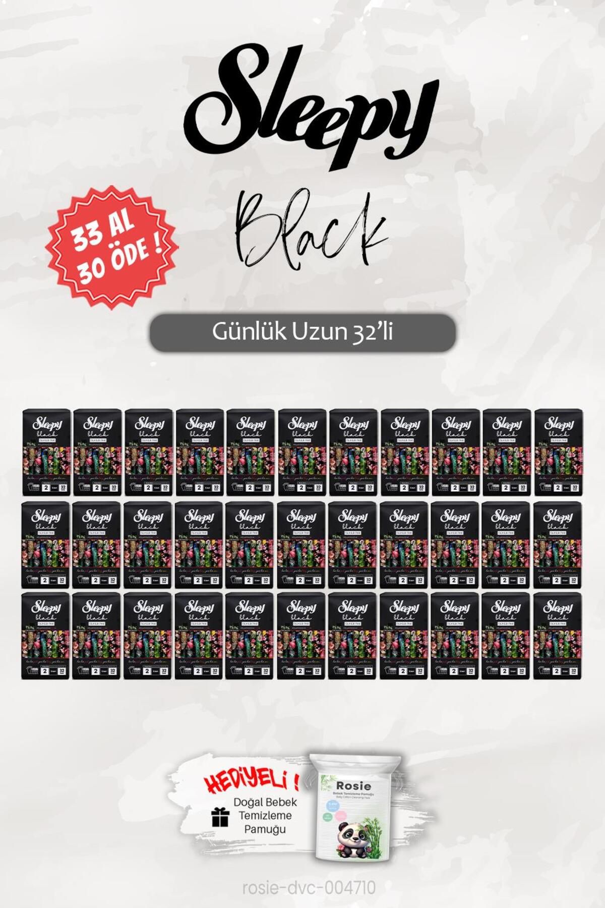 Sleepy 33 AL 30 ÖDE Sleepy Black Uzun 32 'li Günlük Ped, ROSIE Hediye