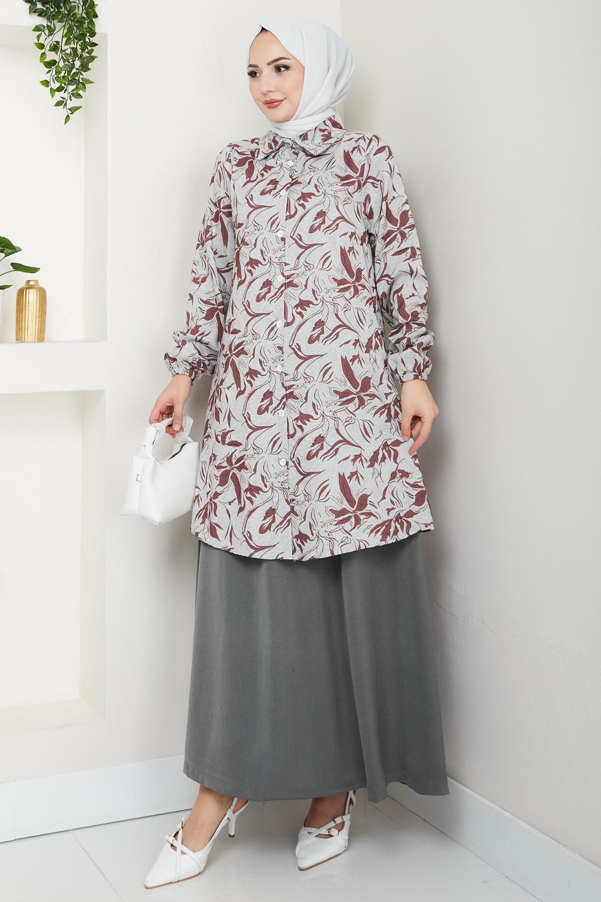 hafsamina Çiçek Desenli Etekli Takım Kahverengi HM2739