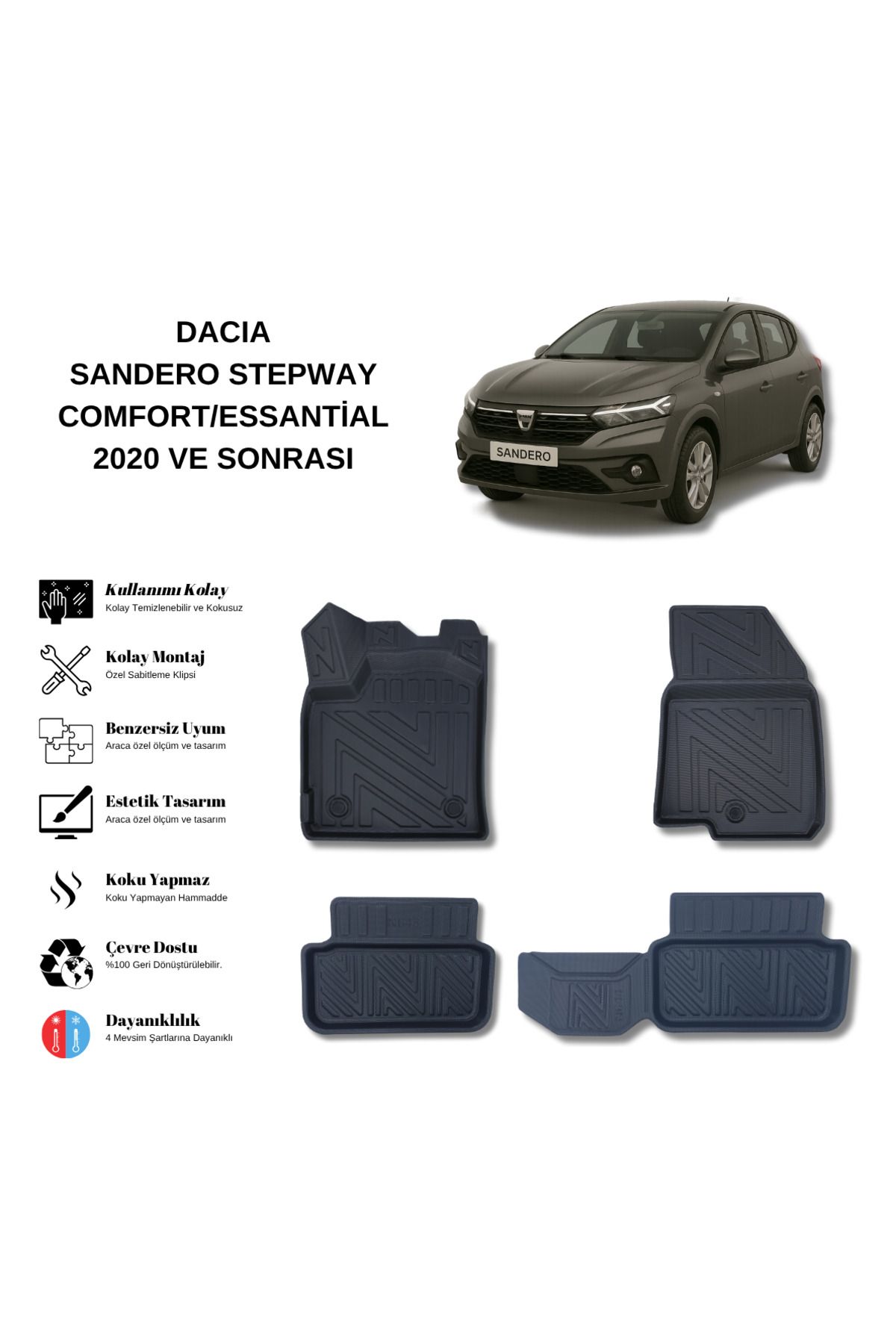 AutoWeller Dacıa Sandero Stepway - Comfort 2020 ve Sonrası 3D Havuzlu Oto Paspas