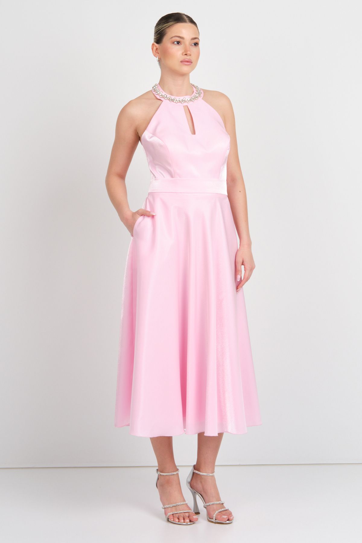 Saygın Kadın Halter Yaka Saten Midi Abiye Elbise 5624 Pembe