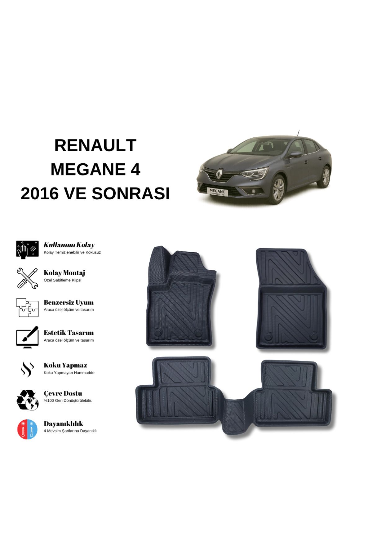 AutoWeller Renault Megane 4 2016 ve Sonrası 3D Havuzlu Oto Paspas