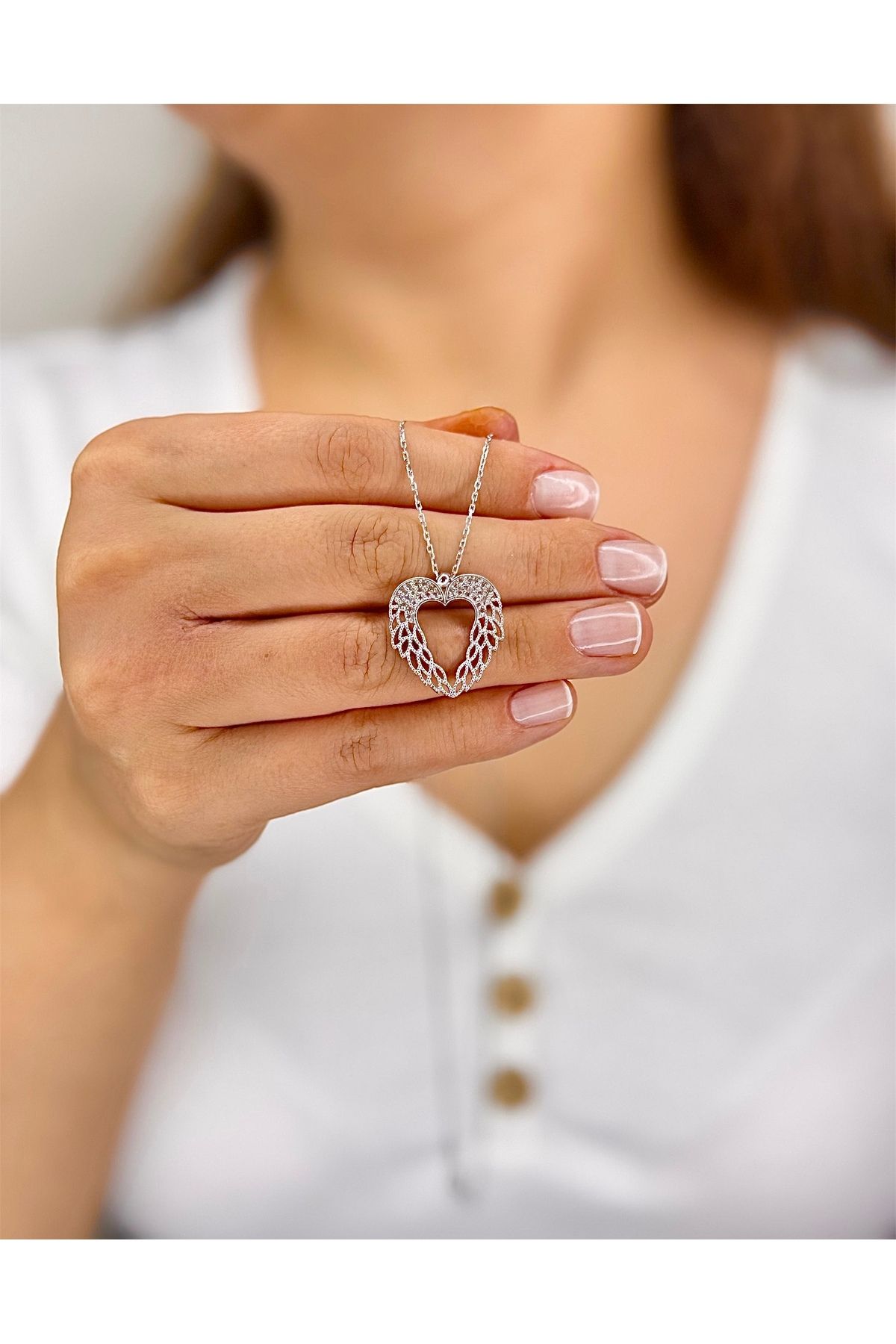 Azra Silver&Aksesuar 925 Ayar Zirkon Taşlı Melek Kanat Modelli Zincirli Gümüş Kolye