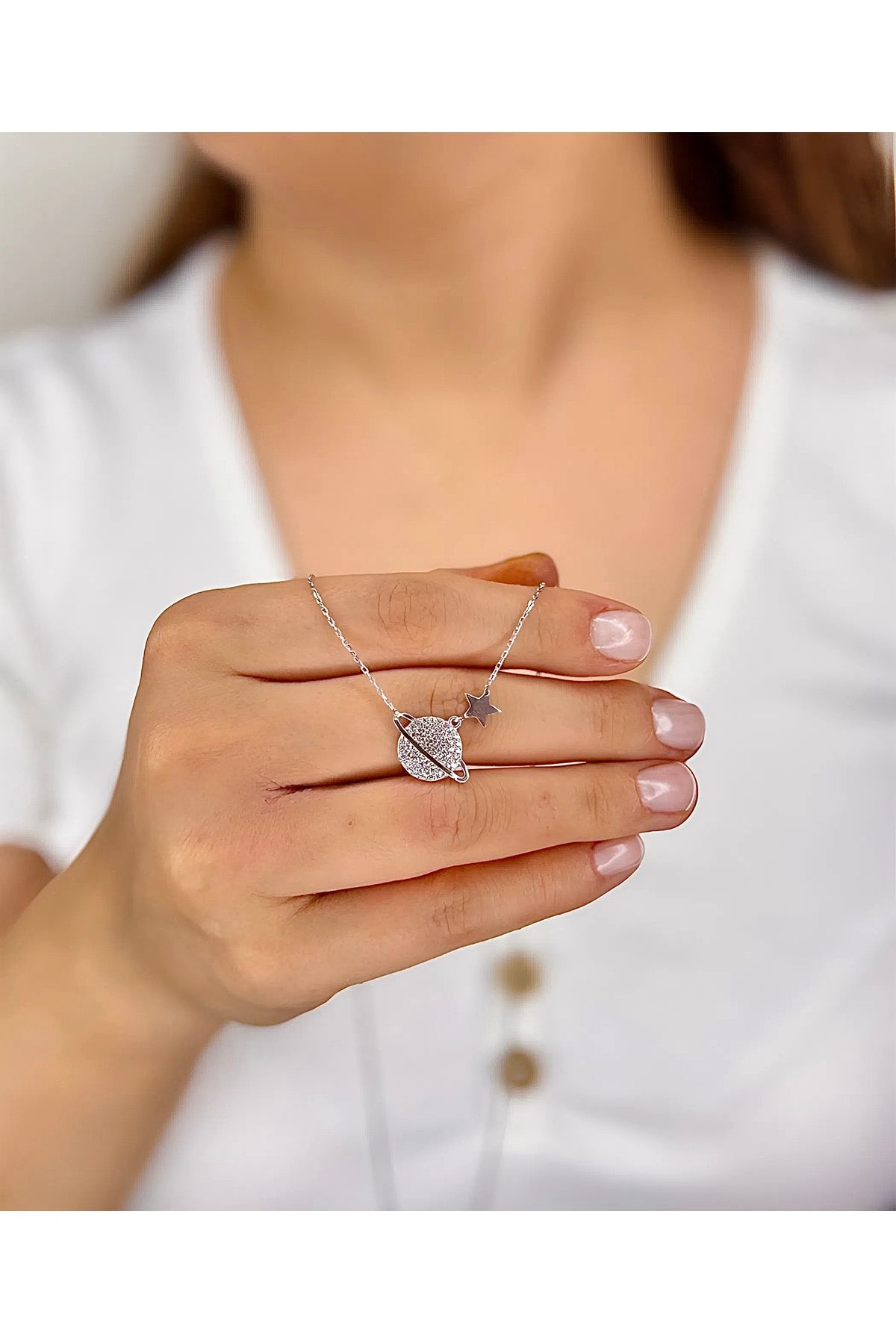 Azra Silver&Aksesuar 925 Ayar Zirkon Taşlı Yıldızlı Galaksi Model Zincirli Gümüş Kolye