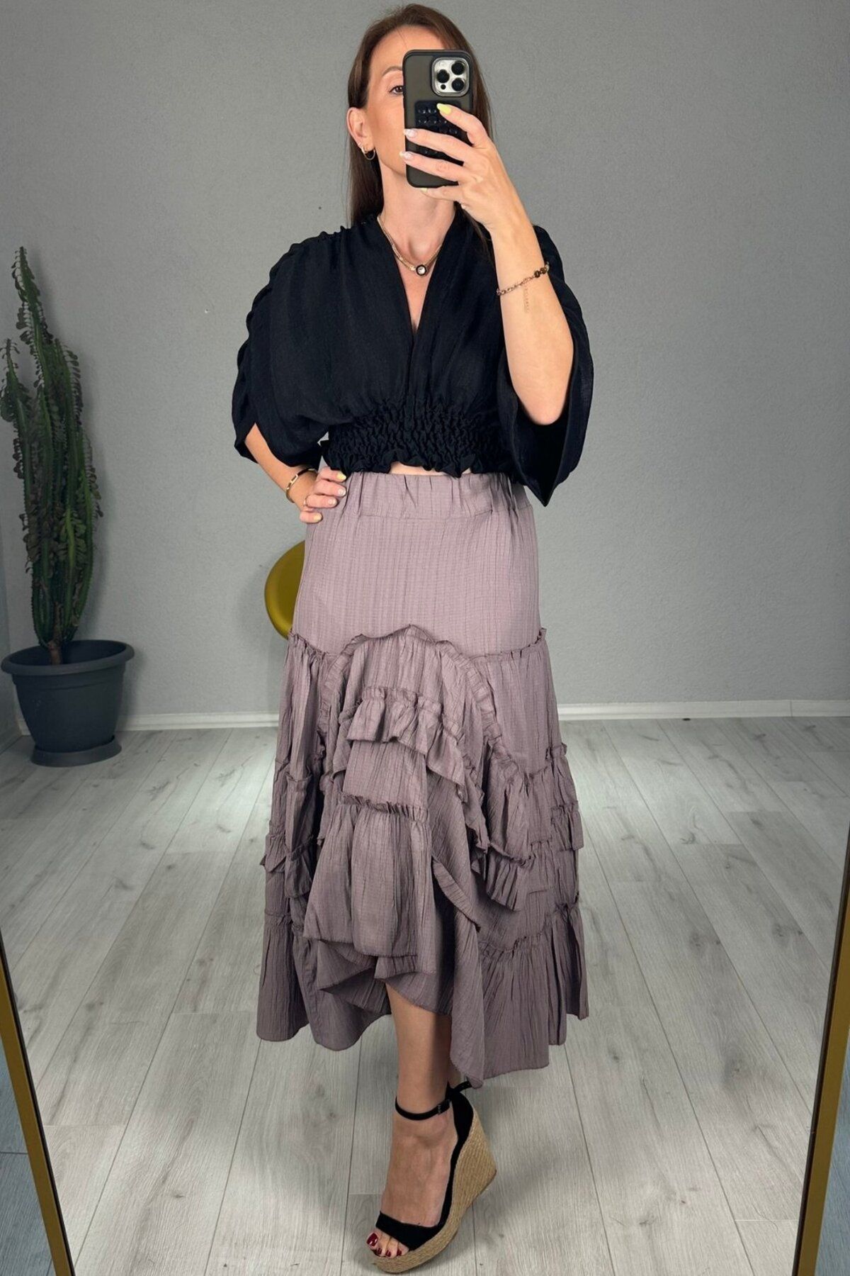 lady special Gofre Fırfırlı Uzun Etek