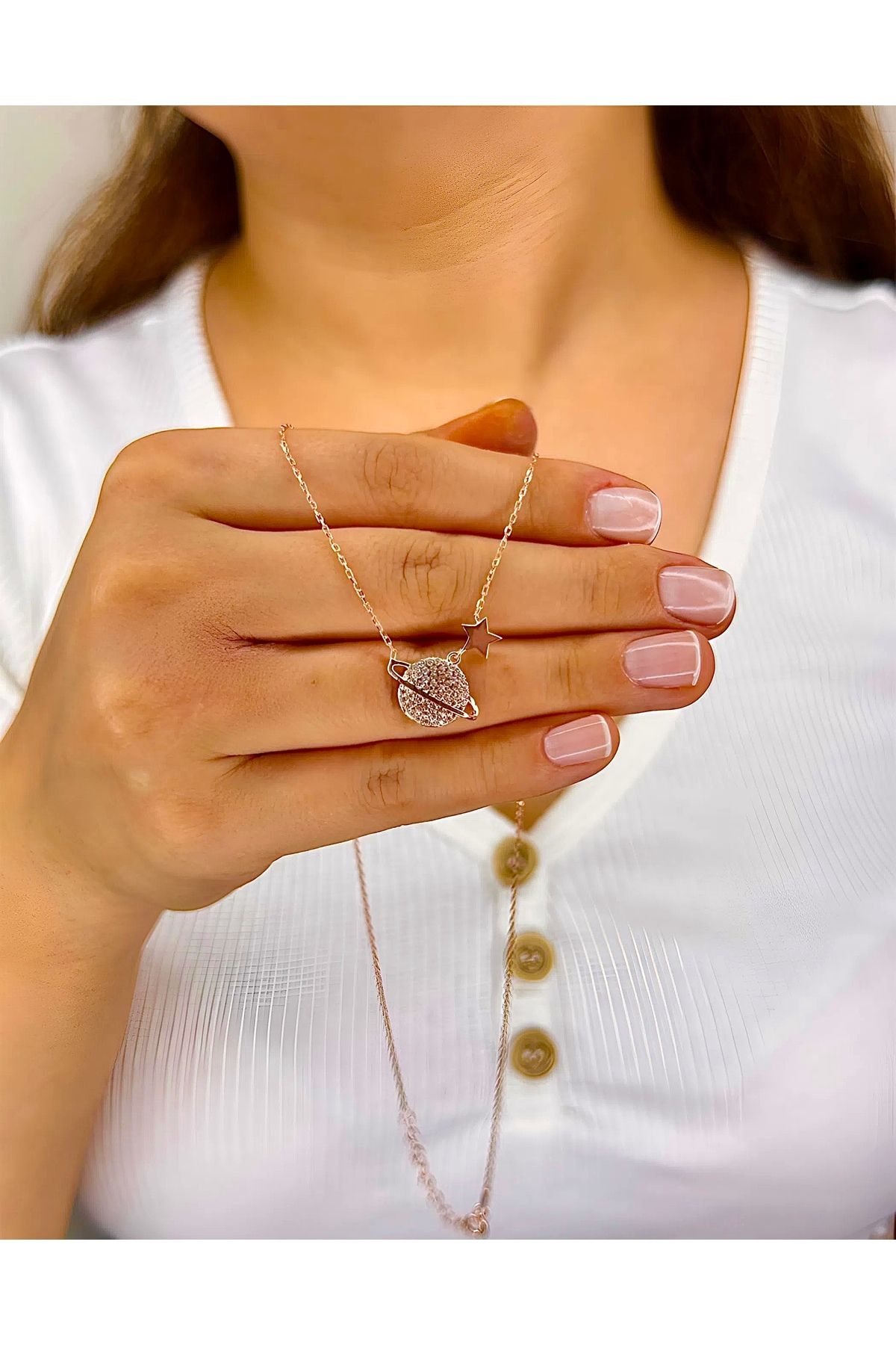 Azra Silver&Aksesuar 925 Ayar Zirkon Taşlı Yıldızlı Galaksi Model Zincirli Gümüş Kolye