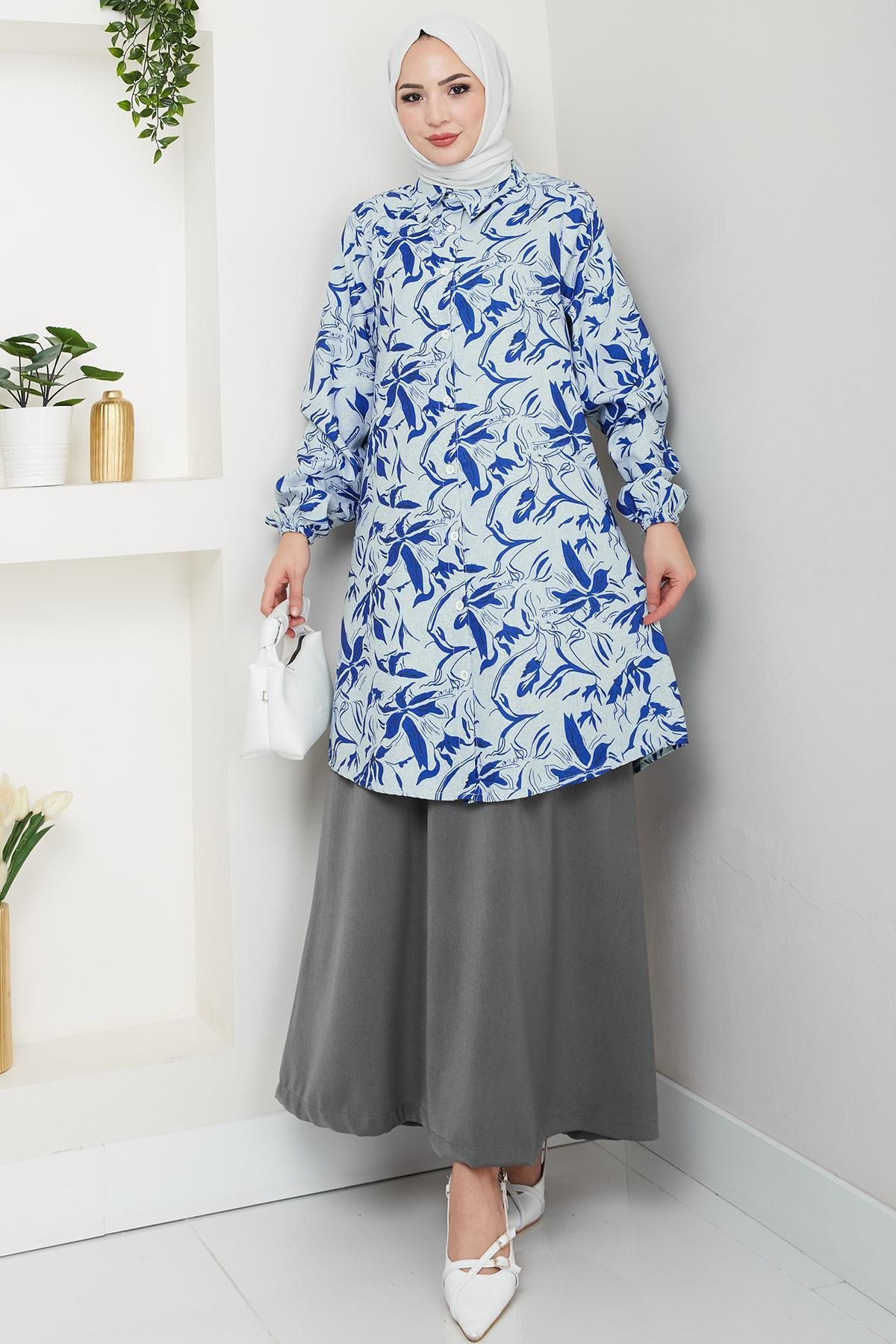 hafsamina Çiçek Desenli Etekli Takım İndigo HM2739