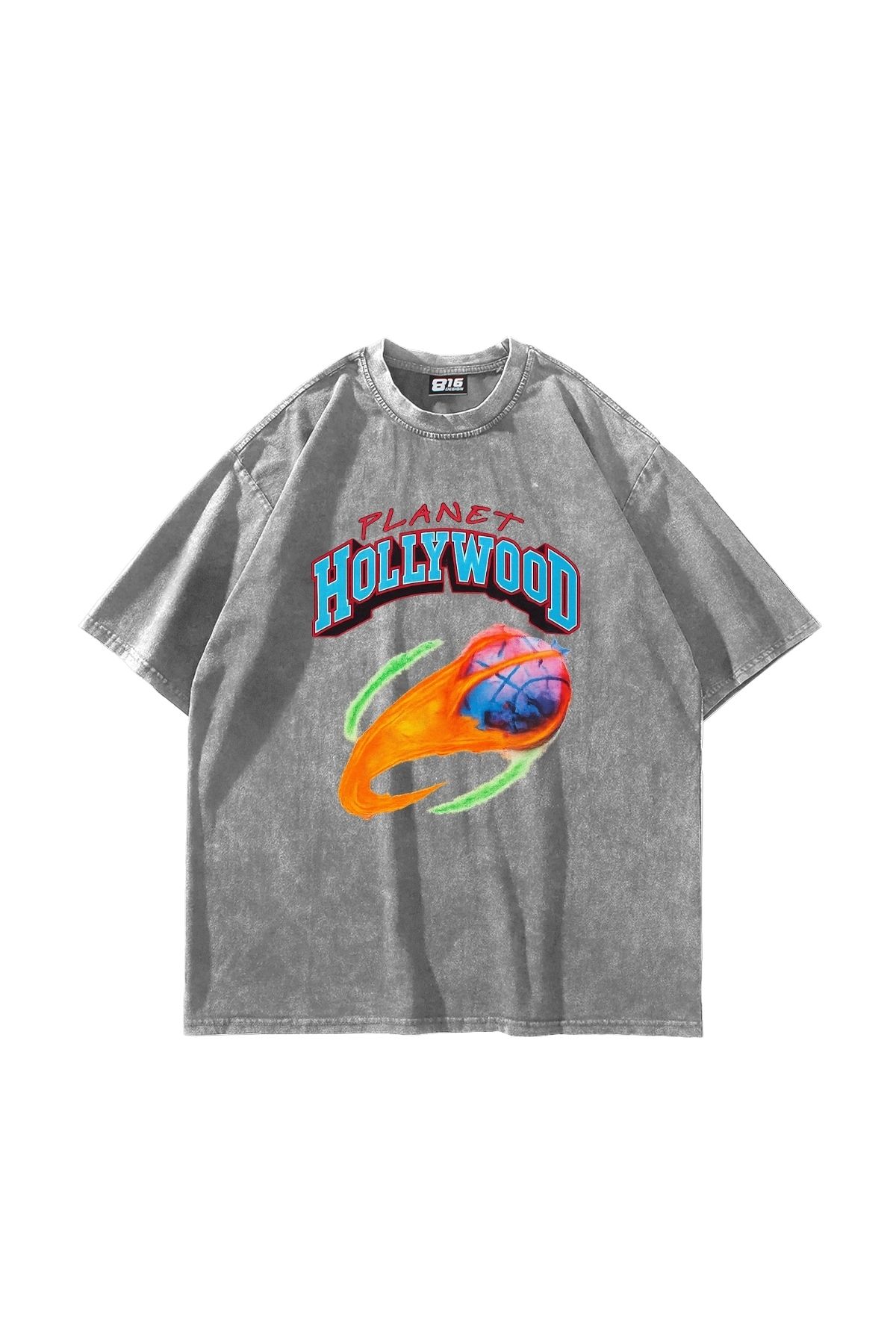 Bak Moda Hollywood Planet Baskılı Oversize Unisex Yıkamalı Beyaz Tshirt