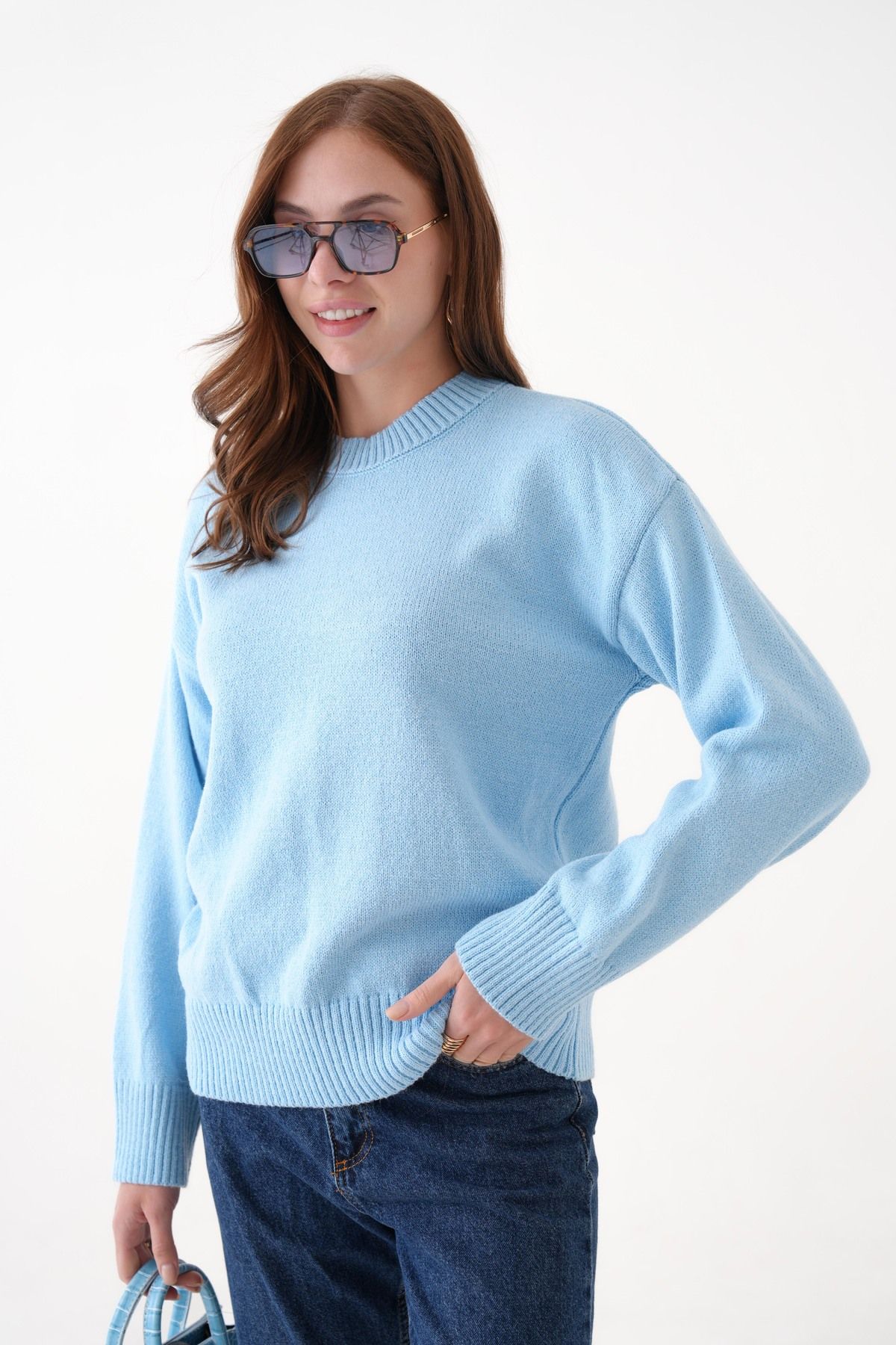 SHEMALL LUXURY Yumuşak Dokulu Mavi Triko Kazak 25521