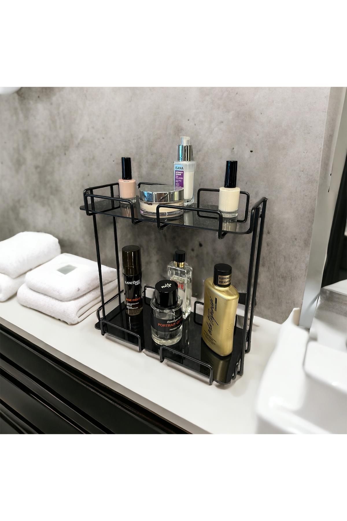 DEKORANLA İki Katlı Siyah Banyo ve Kozmetik Düzenleyici, 28x14 Boyutlu Çift Katlı Tepsi