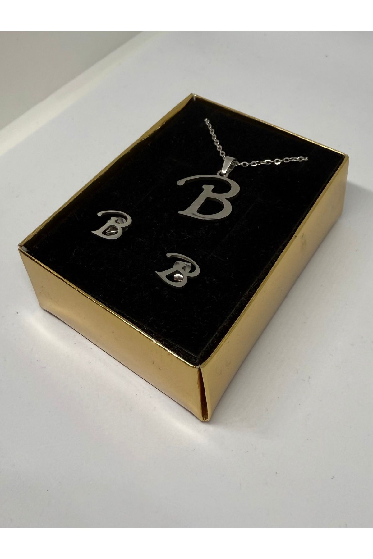 Gulsah's Store 316L Çelik silver B harfli kolye ve küpe seti