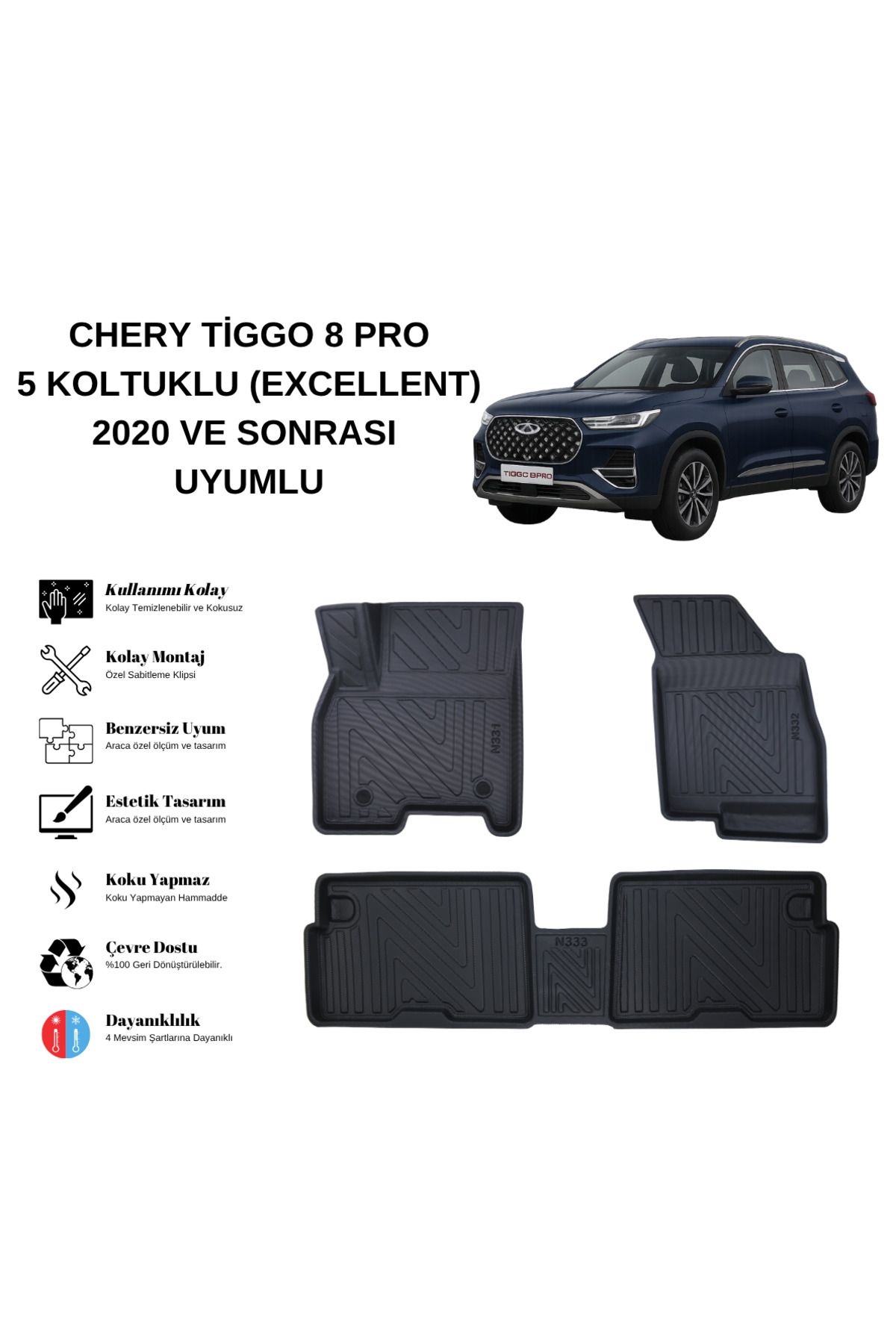 AutoWeller Chery Tiggo 8 Pro 2020 ve Sonrası 5 Koltuklu 3D Havuzlu Oto Paspas | Excellent