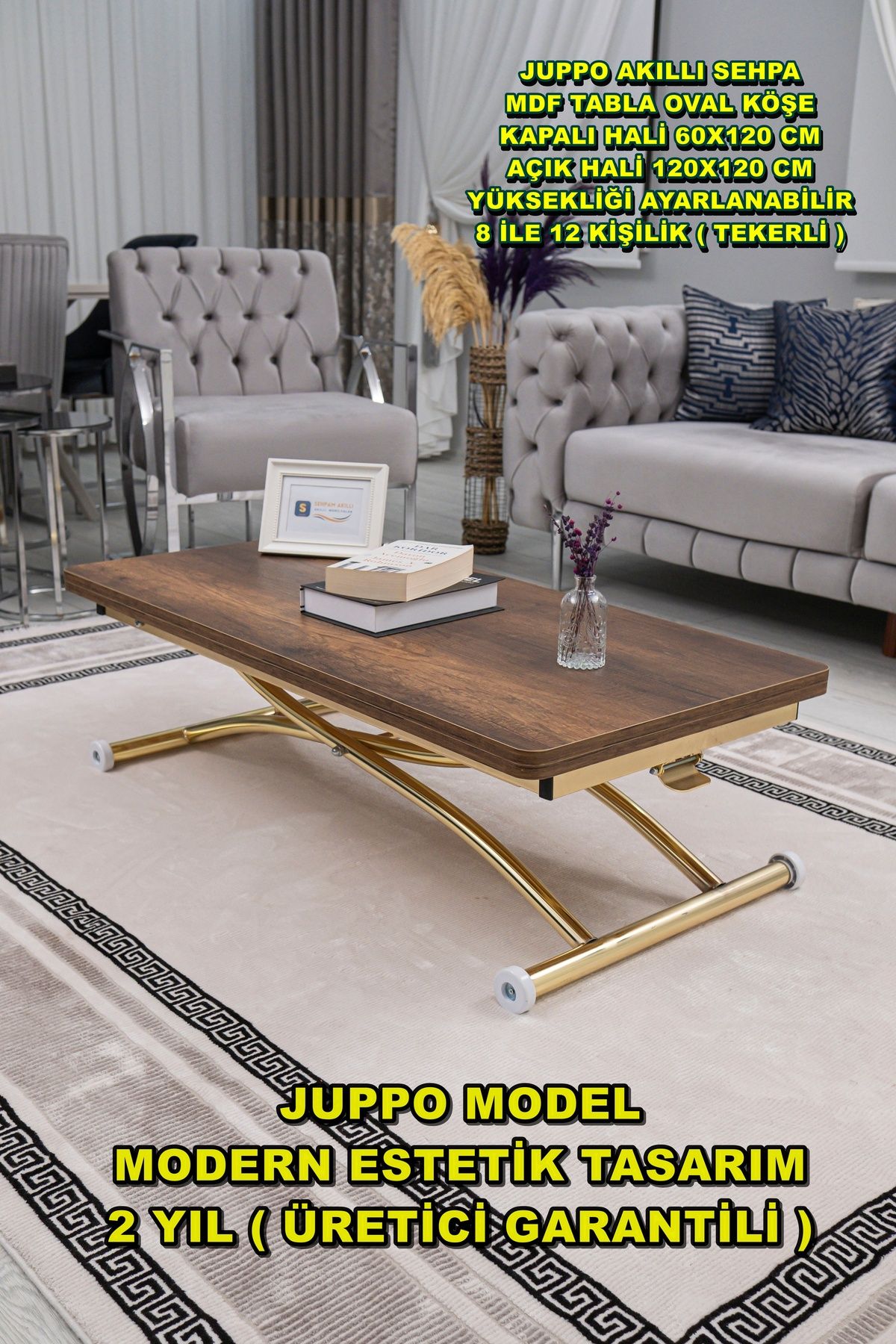 SEHPAM AKILLI Akıllı Sehpa Juppo Üst Tabla Mdf Oval Köşe Alt Ayak Gold Kaplama Dışa Kıvrım