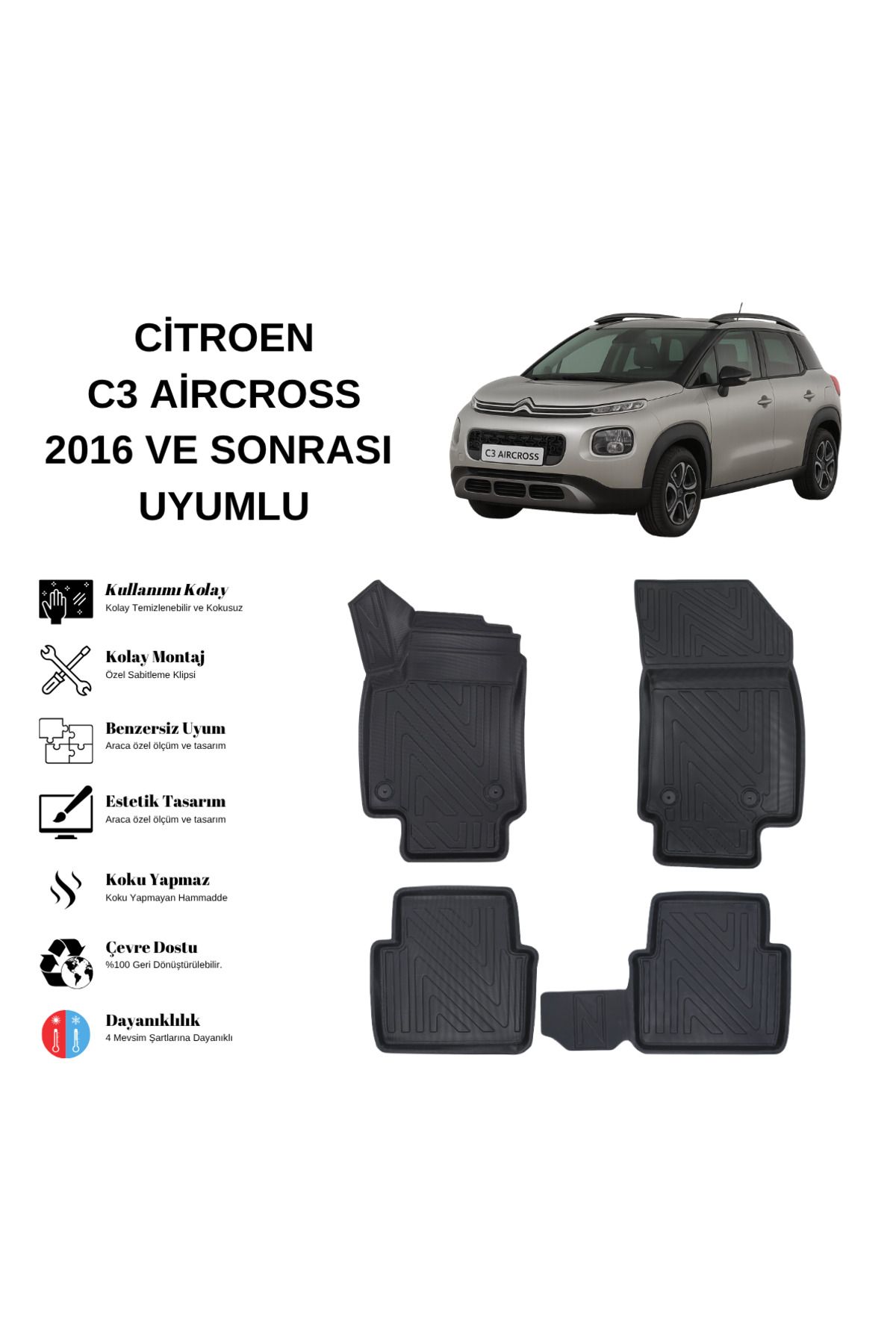 AutoWeller Cıtroen C3 Aircross 2017 ve Sonrası 3D Havuzlu Oto Paspas