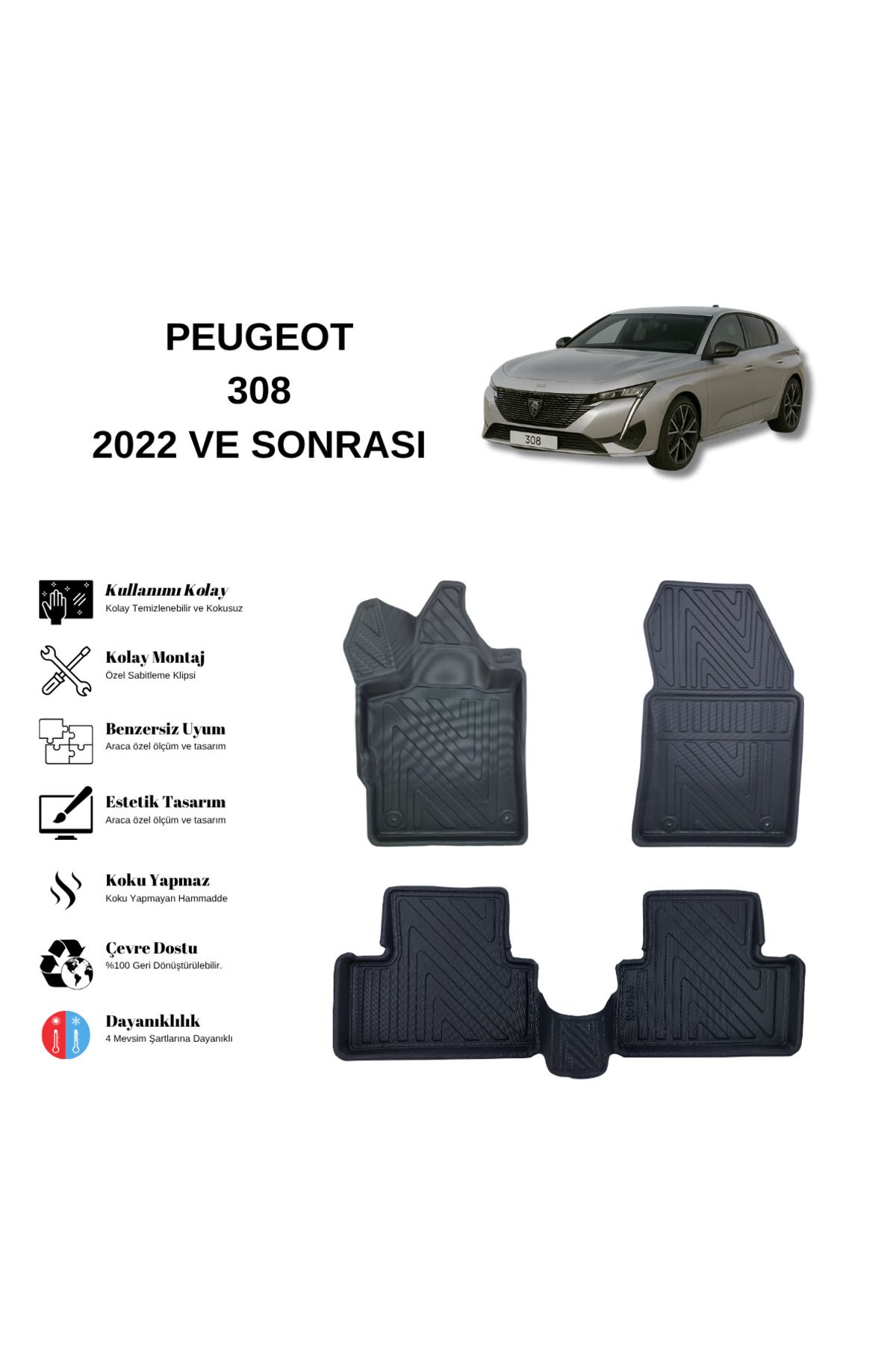 AutoWeller Peugeot 308 2022 ve Sonrası 3D Havuzlu Oto Paspas