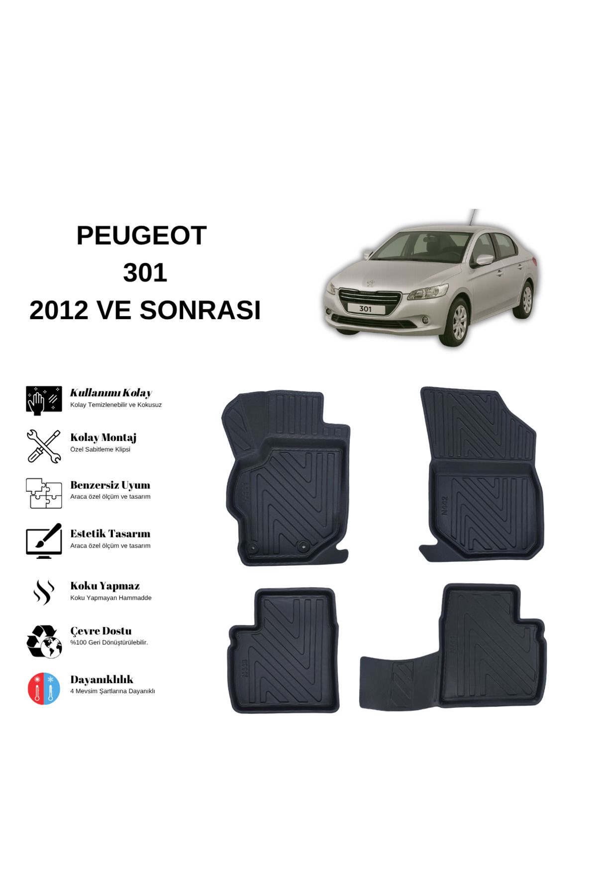 AutoWeller Peugeot 301 2012 ve Sonrası 3D Havuzlu Oto Paspas