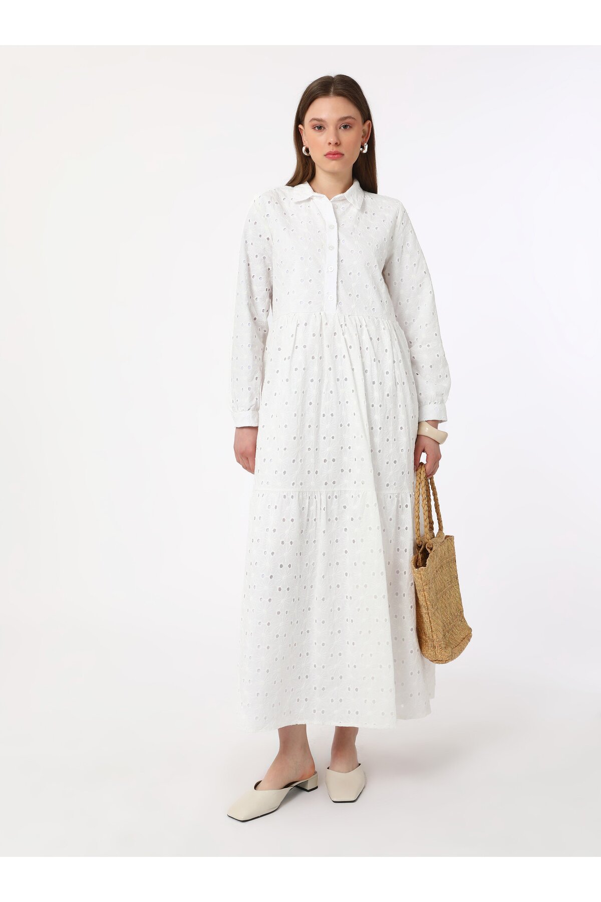 Benin  Brode Kumaşlı Tesettür Elbise - Ekru - Benin - Görsel 2