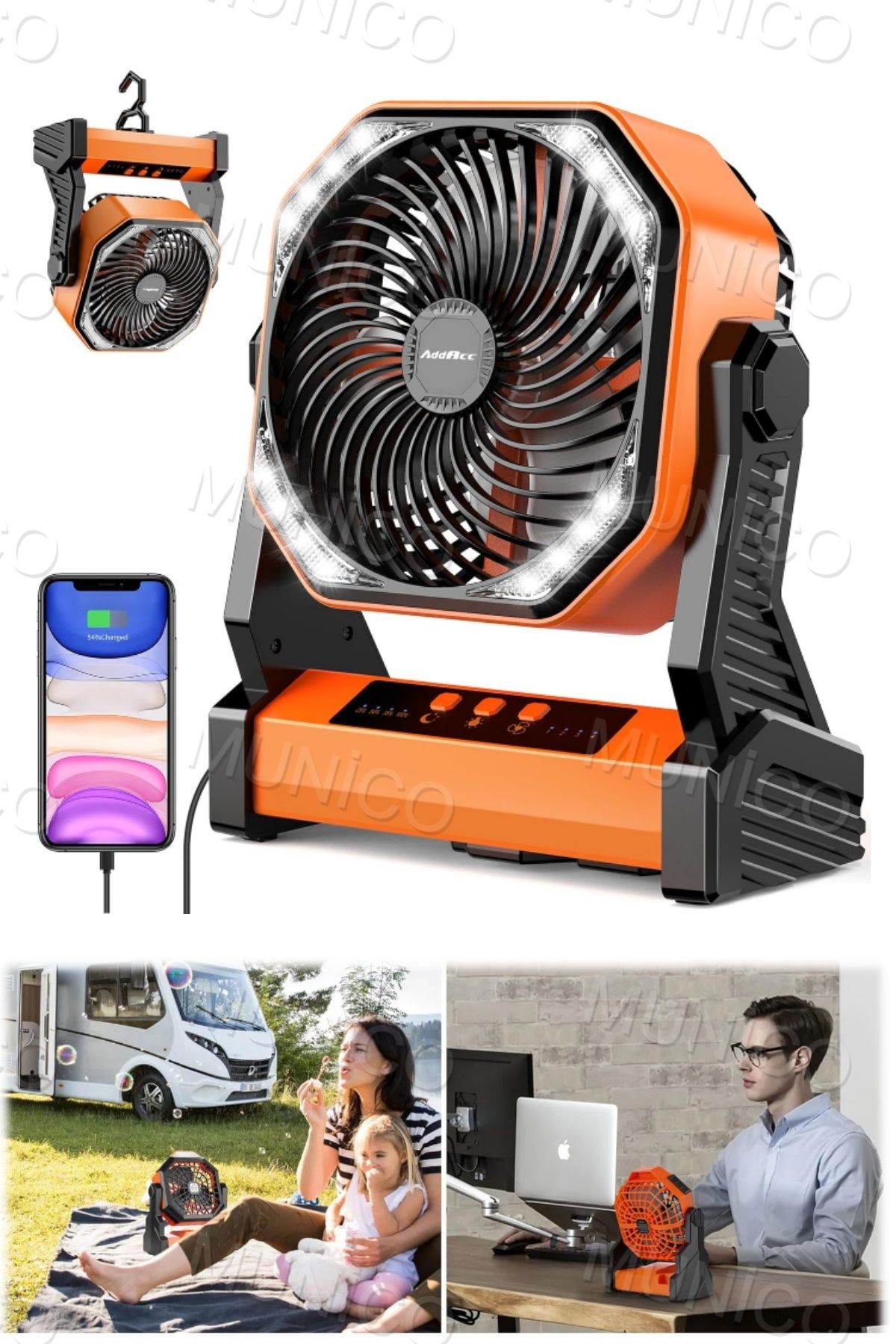 Munico 8 inç Şarjlı Edilebilir Kamp Fanı LED Işık ile Asılı Kanca Çadır Seyahat Araba Şantiye Açık Balıkçı