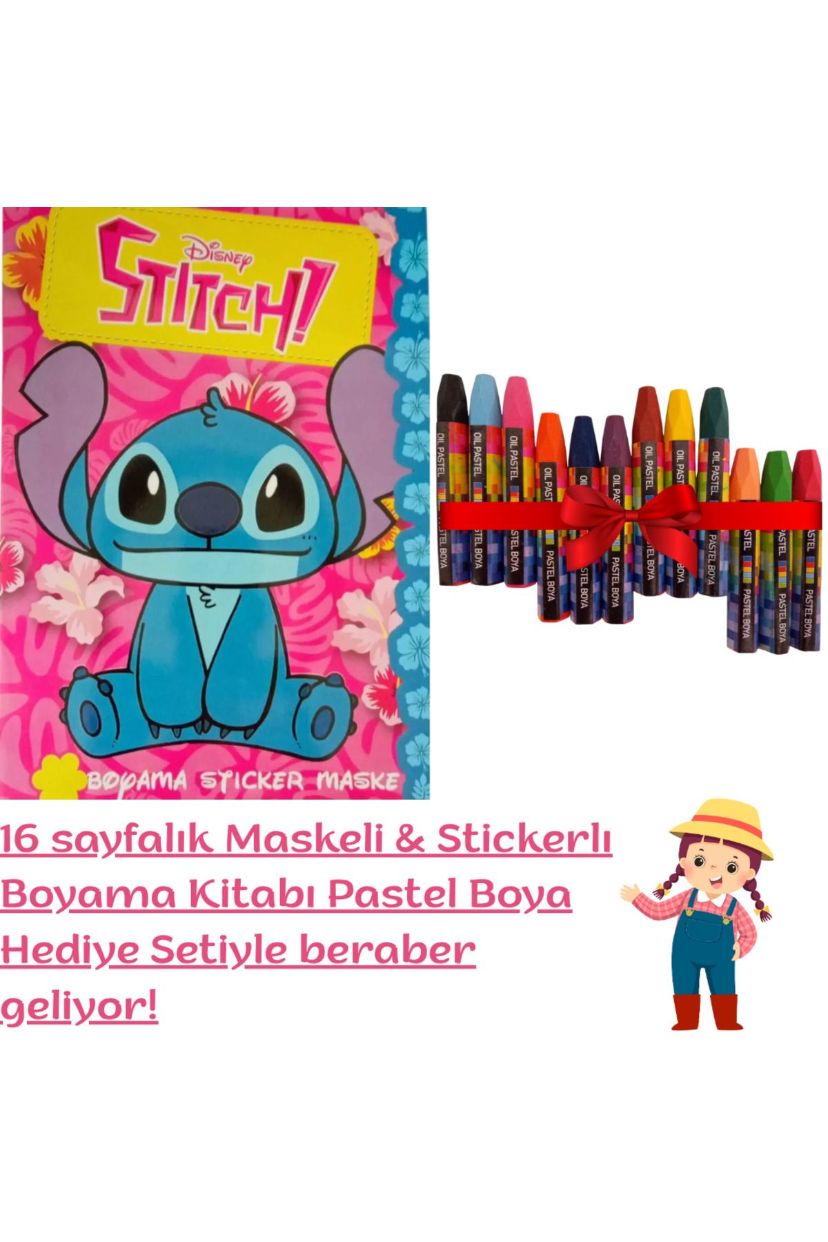booddie Lilo & Stitch Boyama Kitabı Stickerlı (Arka Kapak Kesilerek Maskeli ) & 12'li Pastel Boya Seti