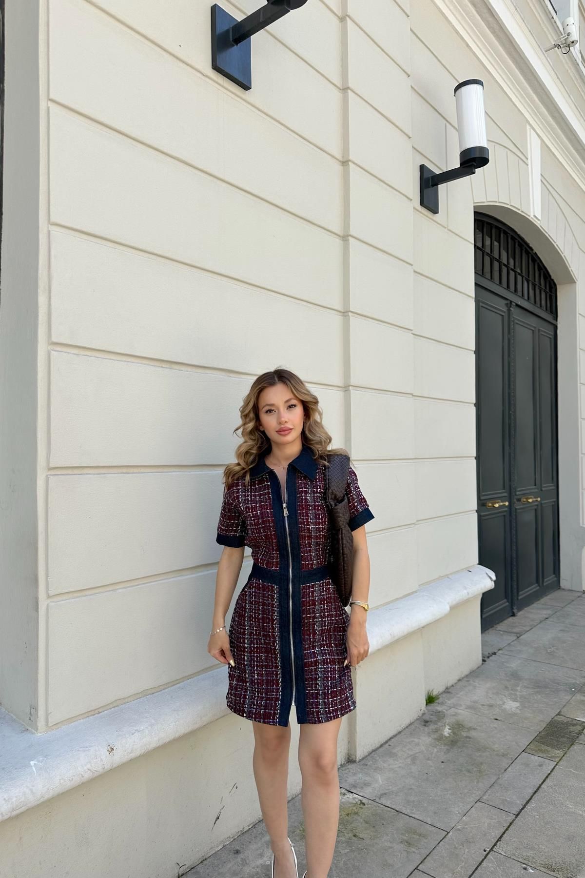 mylove Tüvit Denim Elbise Bordo