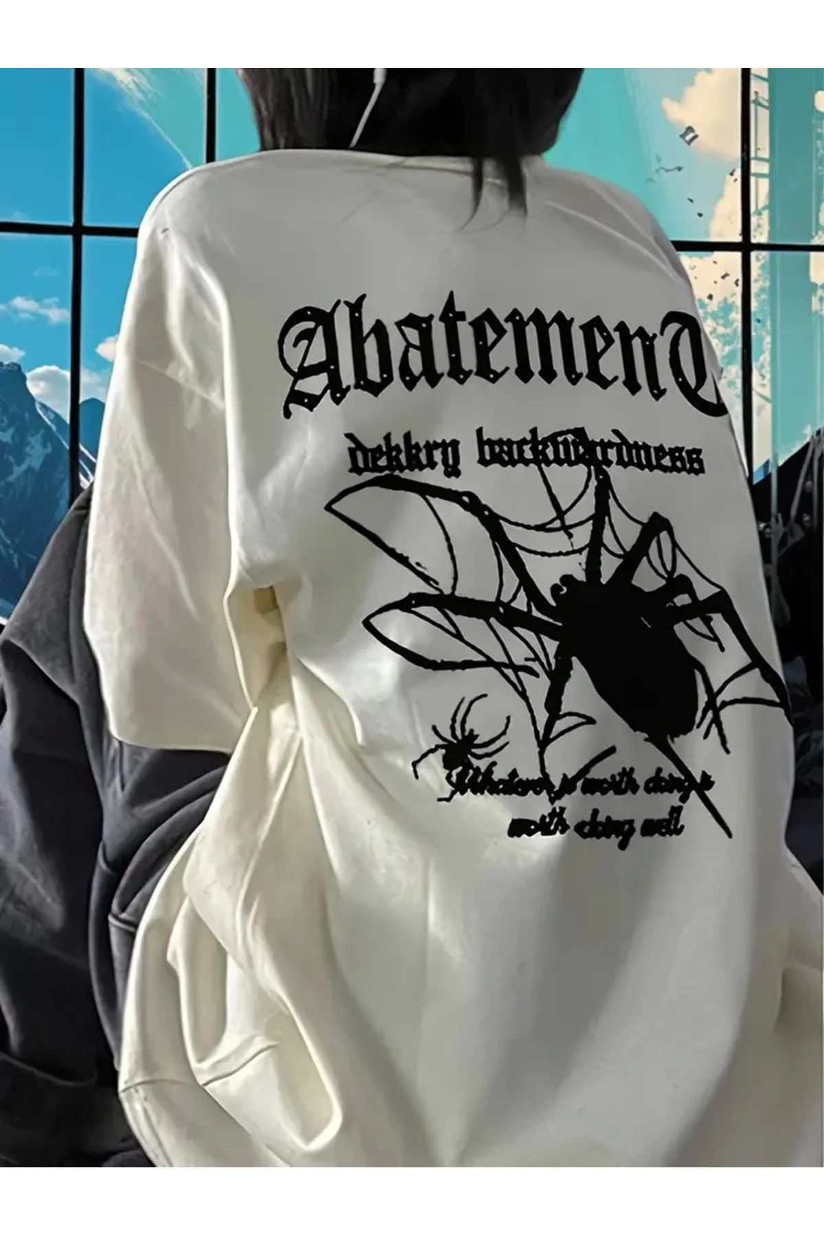 Serero Örümcek Ağı Desenli Baskılı Oversize Bisiklet Yaka T-shirt - Beyaz