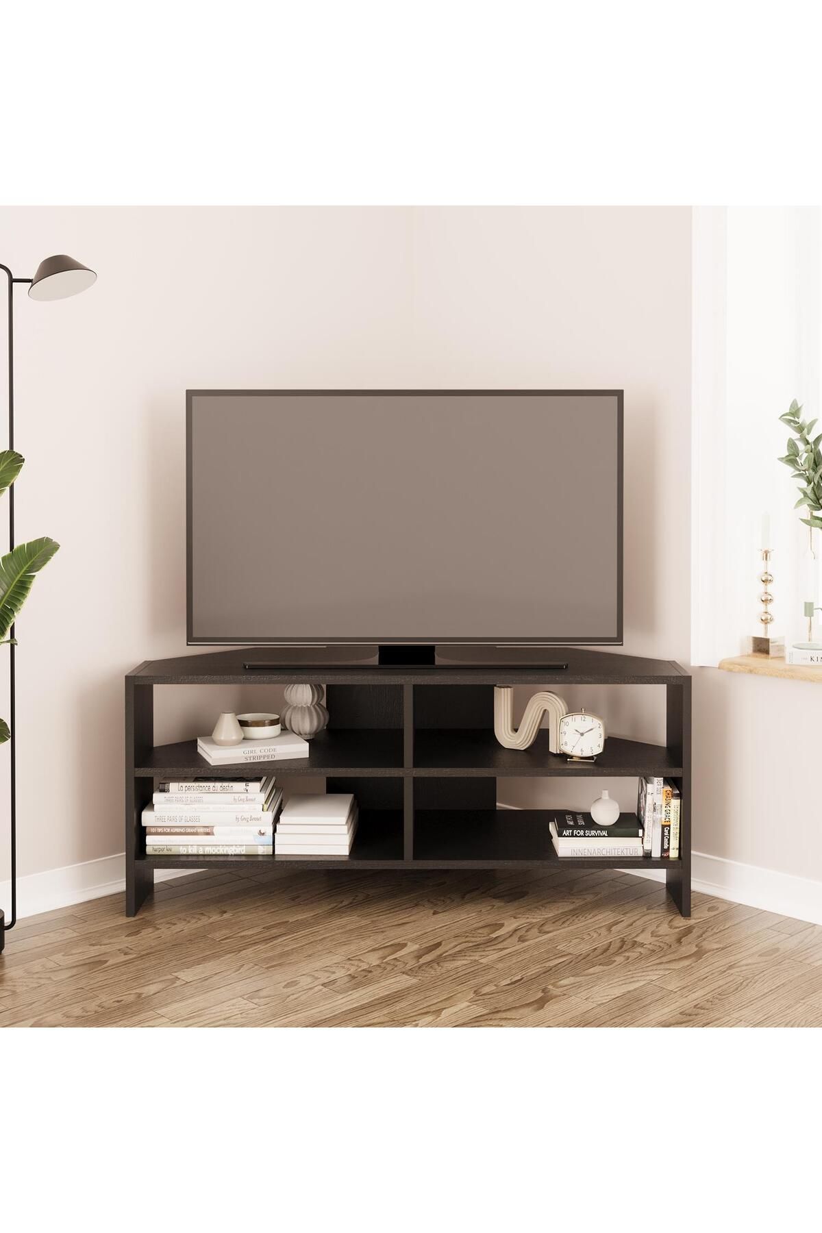 Bimossa ROY B1430 Köşe TV Ünitesi TV Sehpası – Siyah | Minimal Açık Raflı