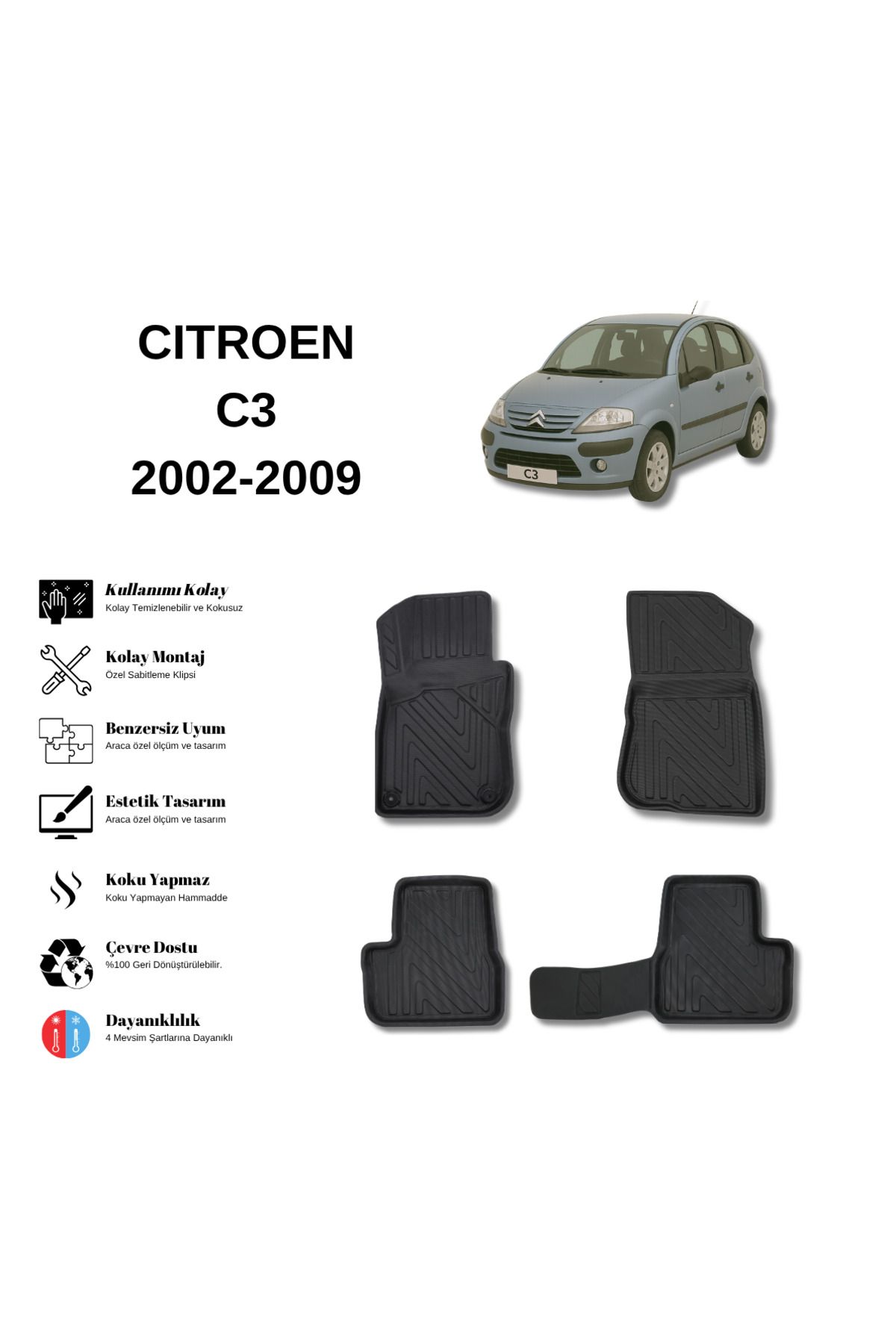 AutoWeller Citroen C3 2002-2009 3D Havuzlu Oto Paspas