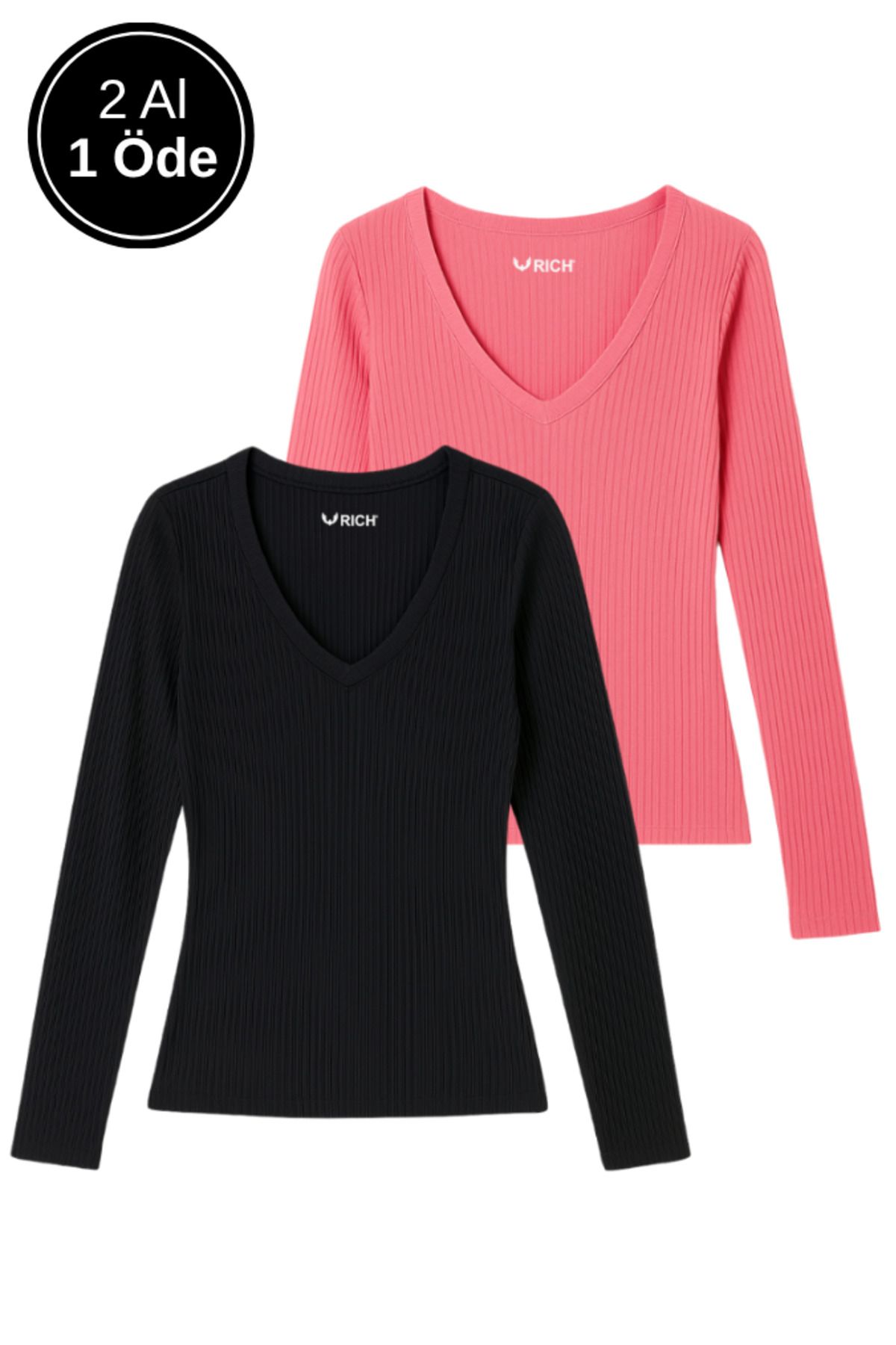Rich Kadın 2'li Siyah-Pembe Basic Paket Pamuklu Nefes Alabilen Kumaş - Vücudu Saran Uzun Kollu Bluz