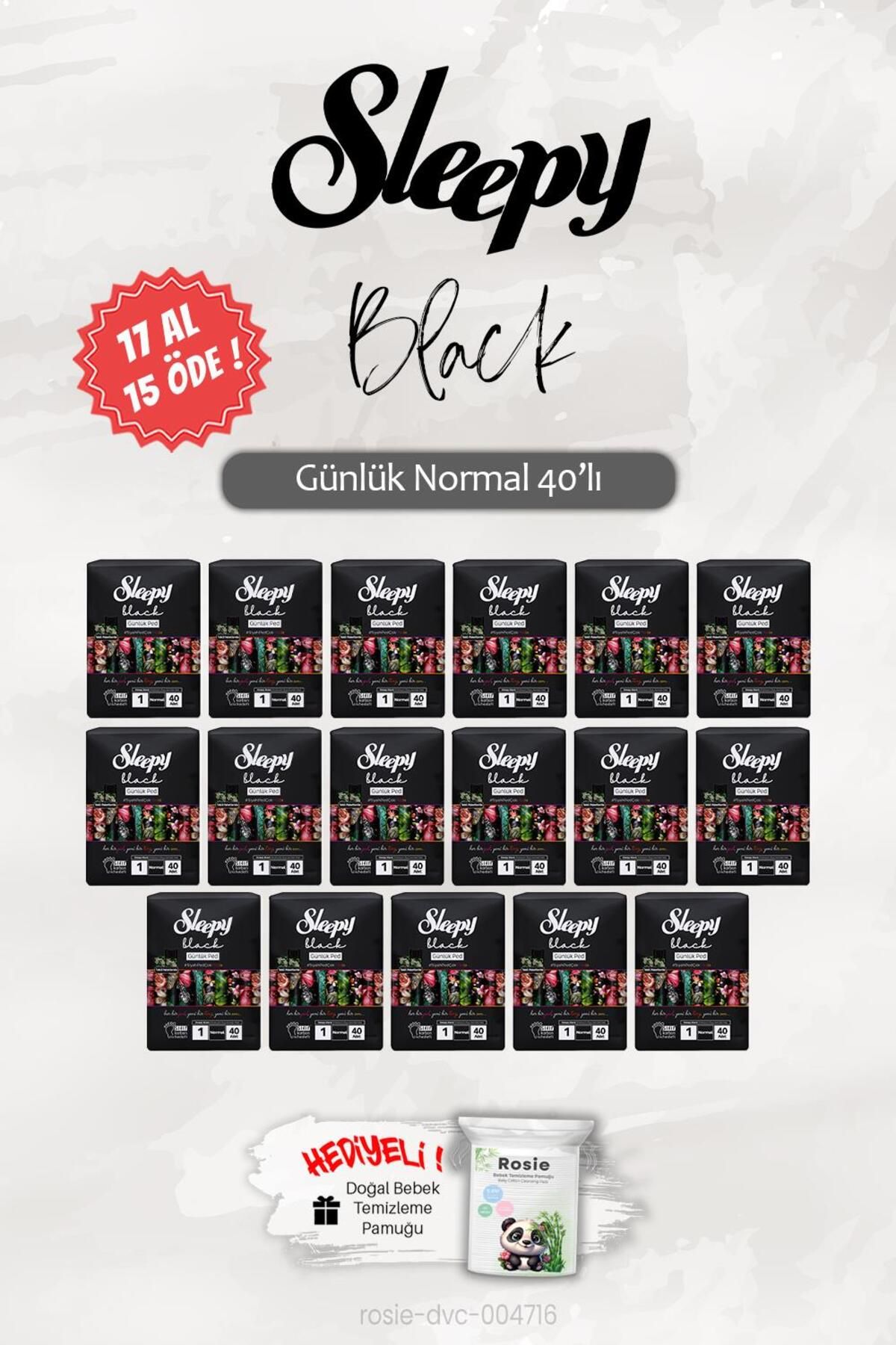 Sleepy 17 AL 15 ÖDE Normal 40'lı Black Günlük Ped, ROSIE Hediye