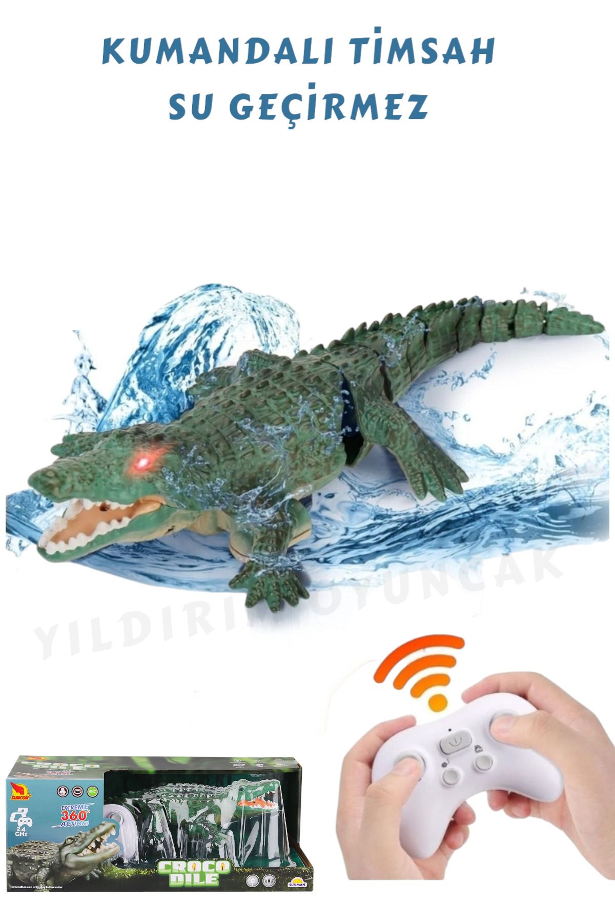 YILDIRIM OYUNCAK Şarjlı Uzaktan Kumandalı Suda Yüzen Timsah Deniz Havuz Oyuncağı Su Geçirmez Kumanda 35 cm