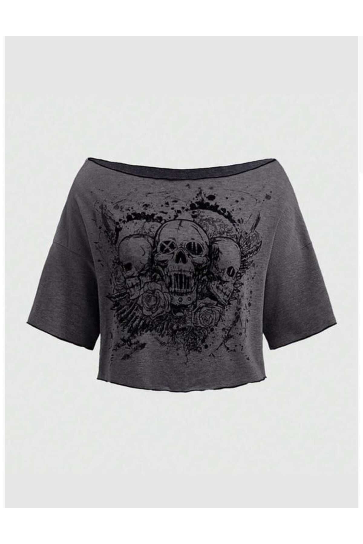 İsra Ayyıldız Moonstar Collection Gri Gotik Skulls Omuzu Açık Y2K Kısa Kollu Crop