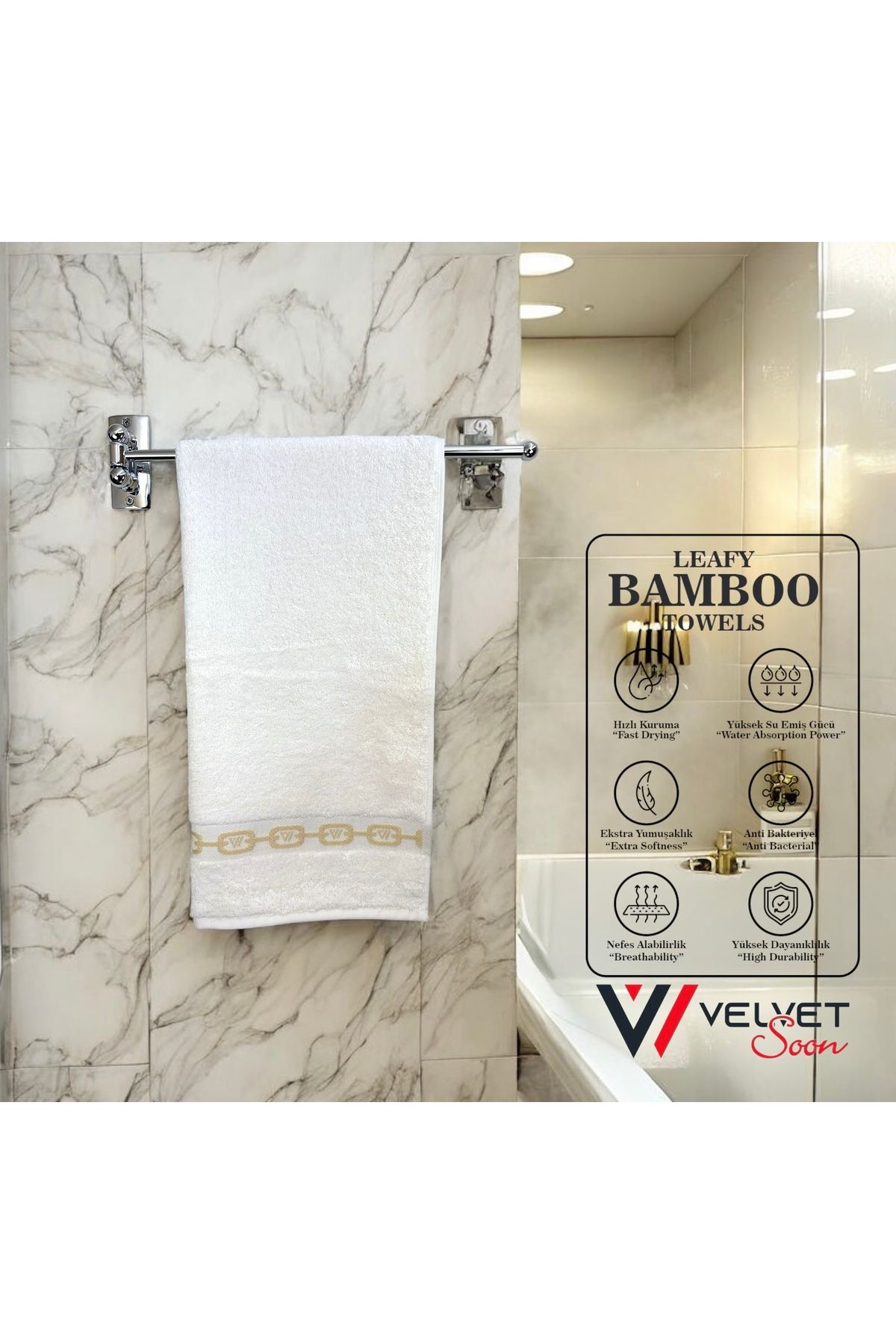 Velvet Soon Bambu Ekru Zincir Bordür 50x90 El Ve Yüz Havlusu