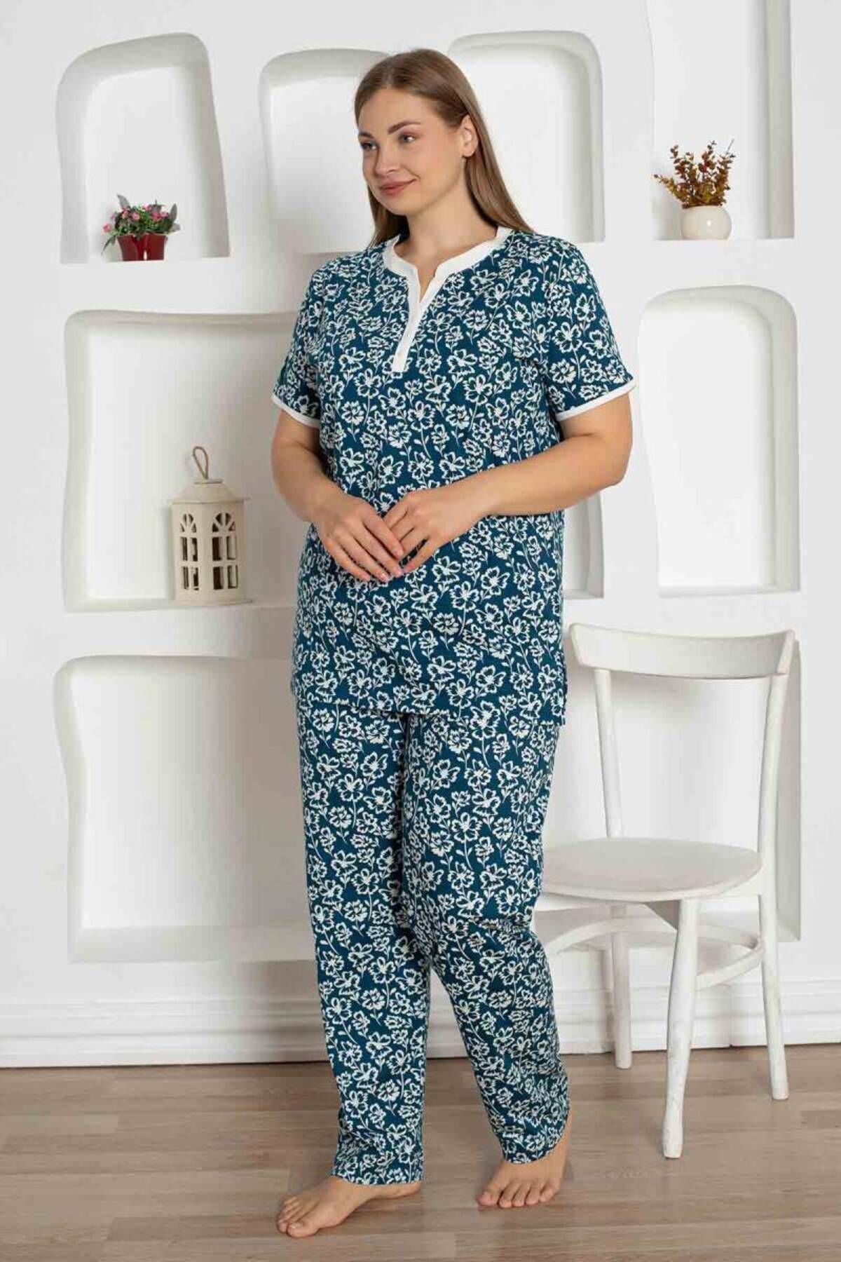 Farya Home X-Dreamy Büyük Beden Likralı Pamuklu Çiçekli Kısa Kollu Pijama Takımı