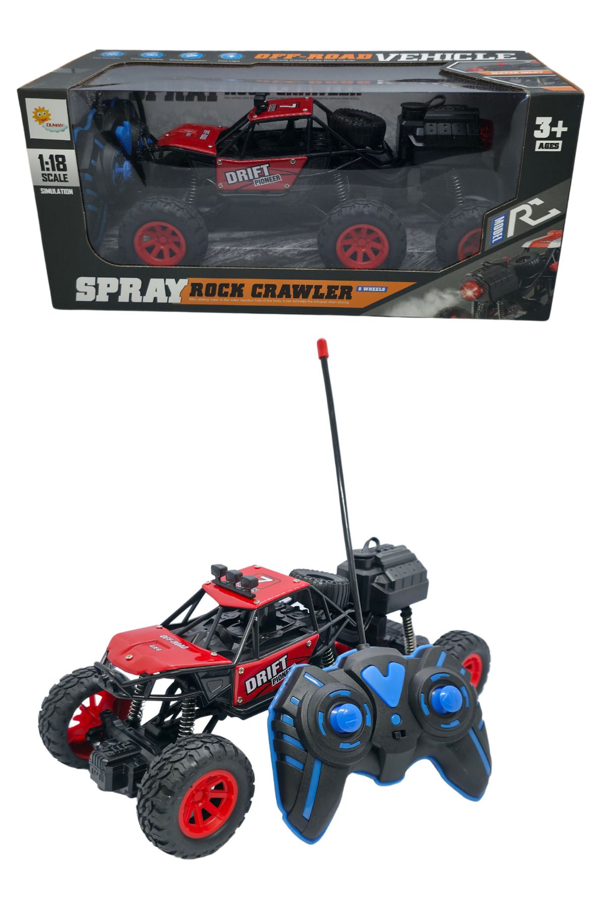 RAF Store Full Fonk. Şarjlı Işıklı 6 Tekerli Duman Atan Uzaktan Kumandalı Offroad Araba 1:18 Ölçek 27Mhz 27 Cm