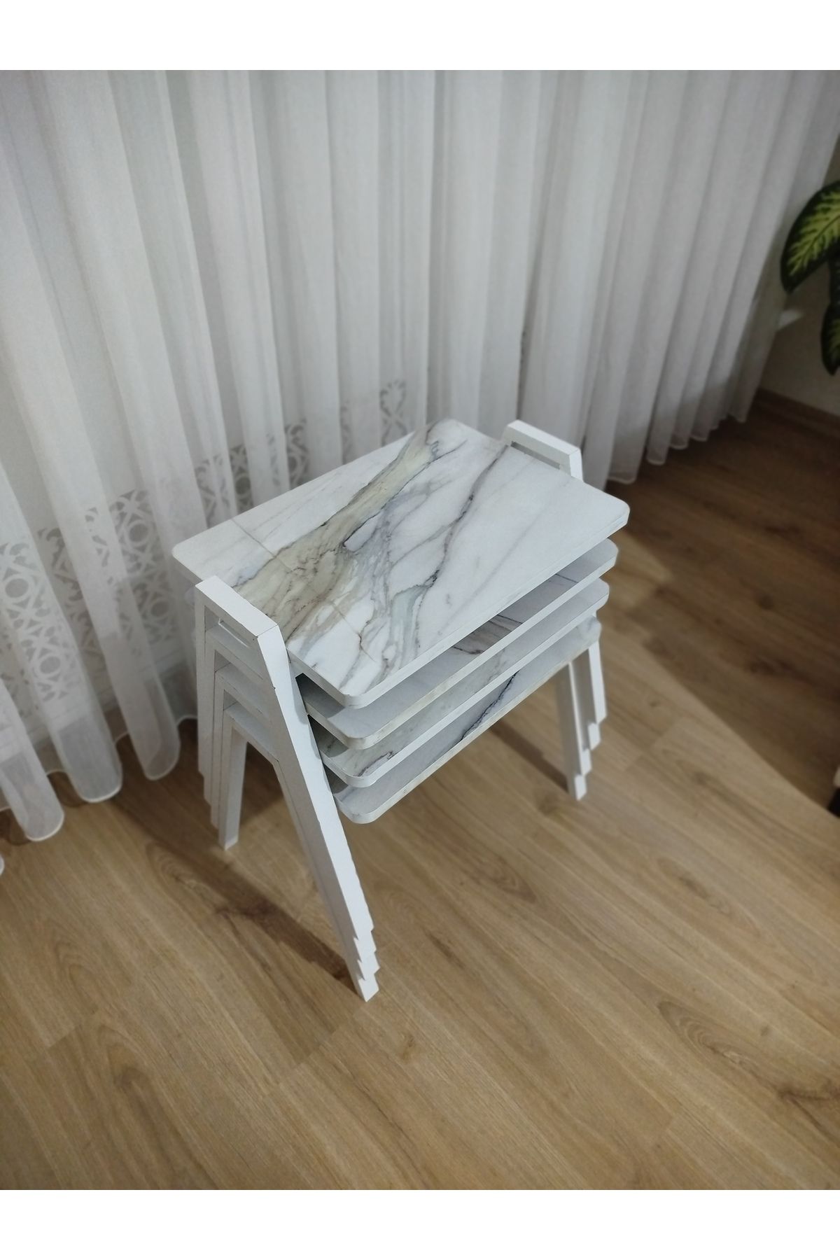 GÜVENÇ Zigon Sehpa 4'Lü Mermer Desenli Tepsi Model
