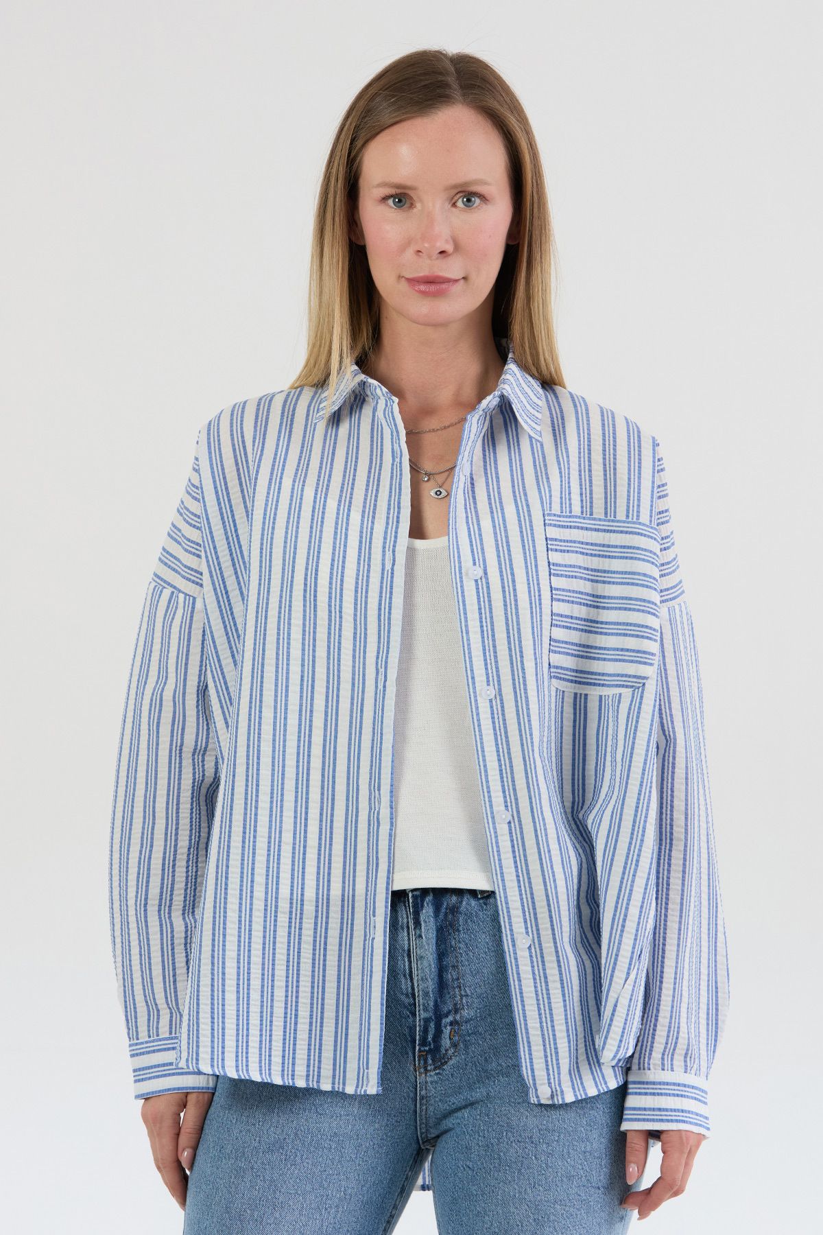 Fulla Moda Çizgili Body Detaylı Oversize Gömlek
